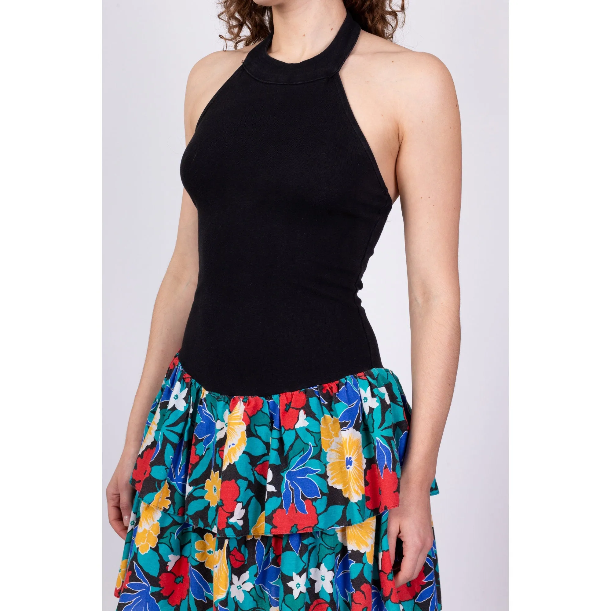 80s Black Floral Mini Halter Skater Dress - Medium