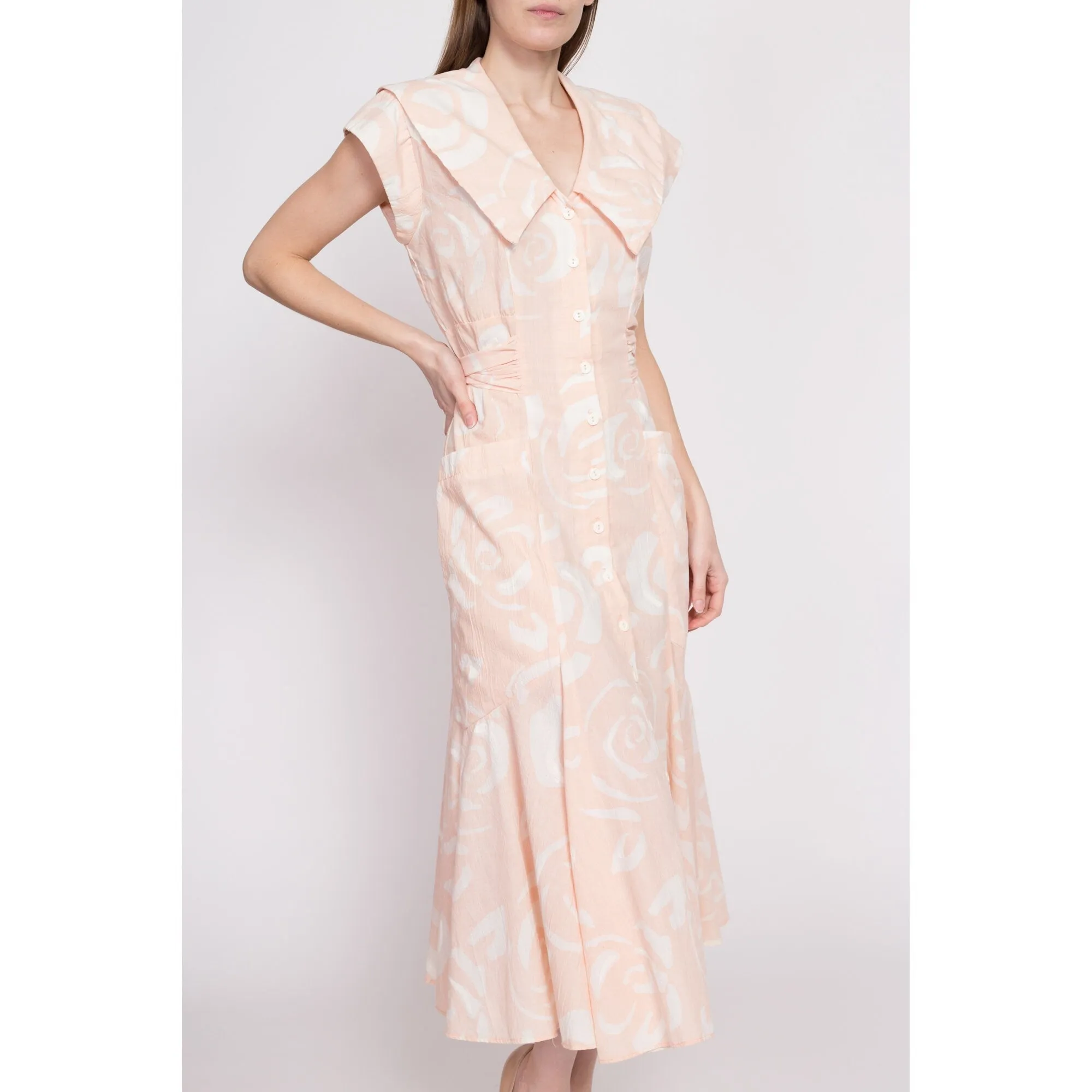 80s Does 40s Pink & White Sailor Collar Midi Dress - Medium