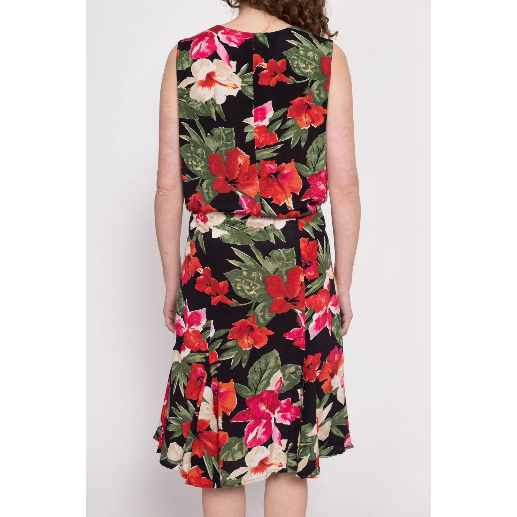 80s Hibiscus Print Blouson Midi Dress - Large