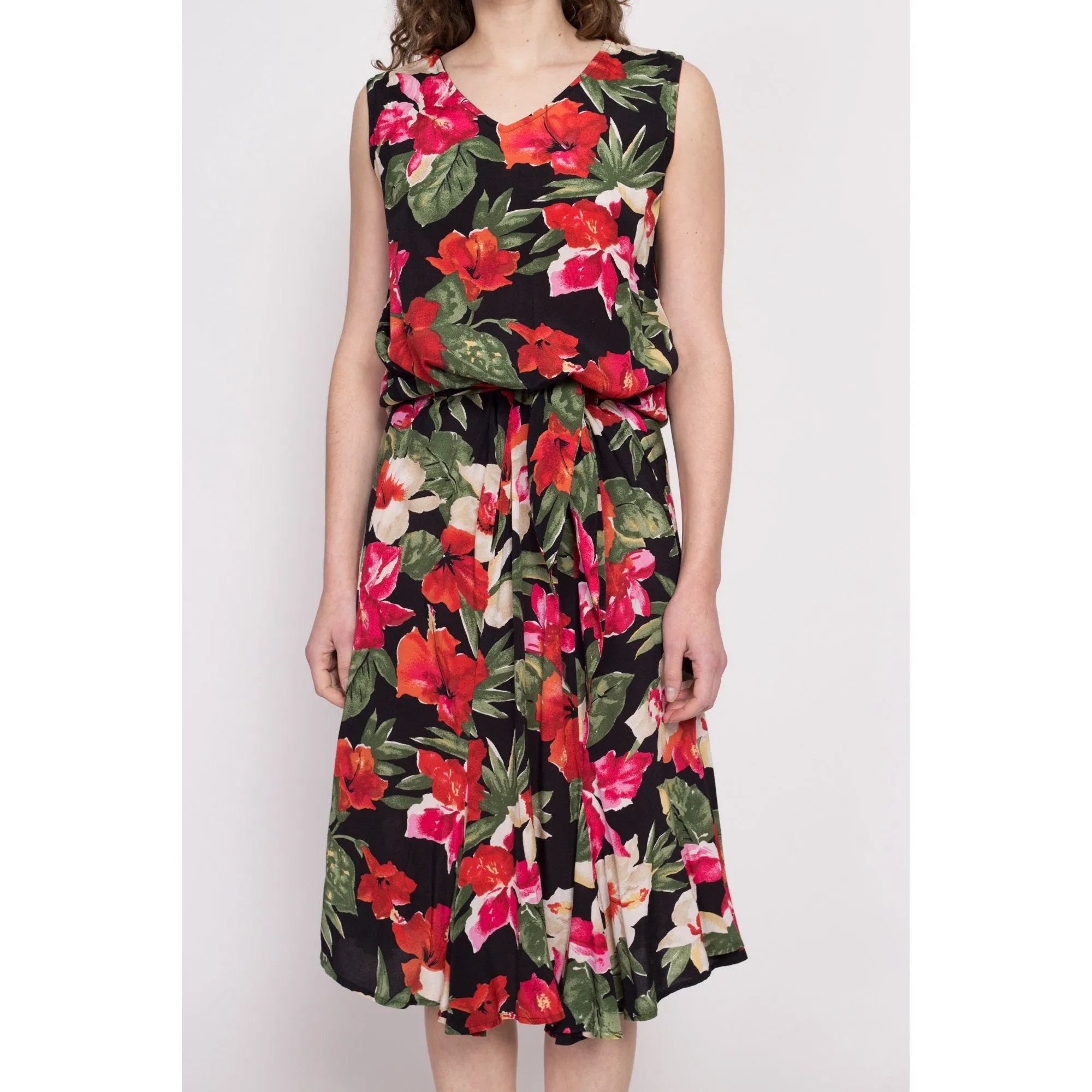 80s Hibiscus Print Blouson Midi Dress - Large