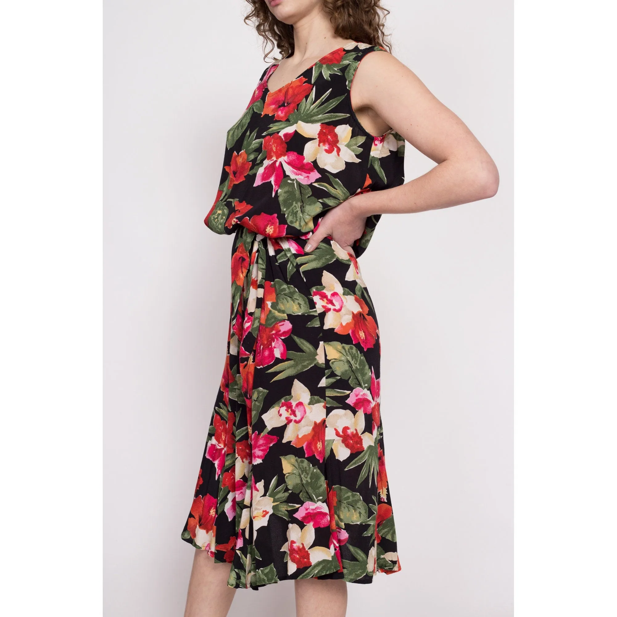 80s Hibiscus Print Blouson Midi Dress - Large