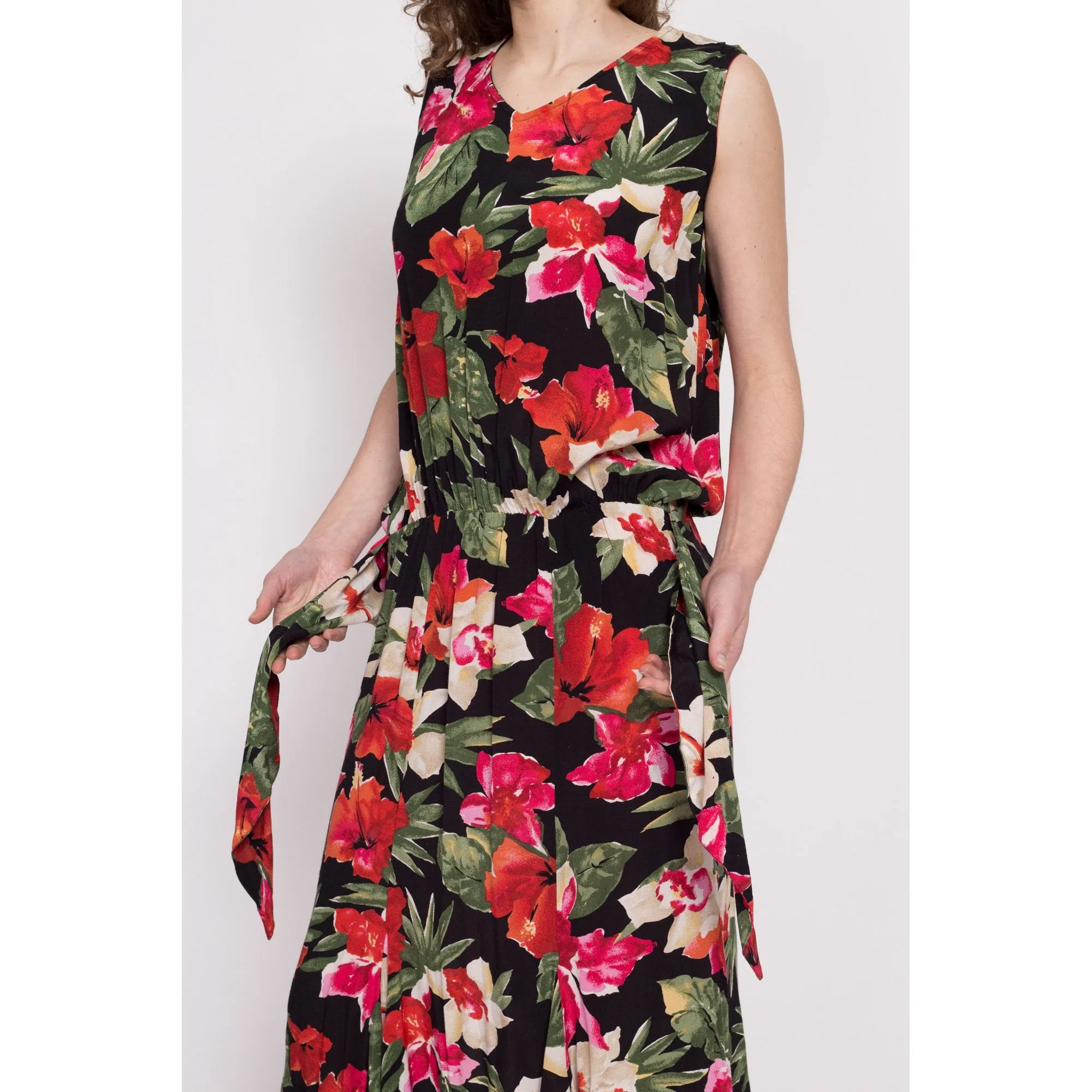 80s Hibiscus Print Blouson Midi Dress - Large
