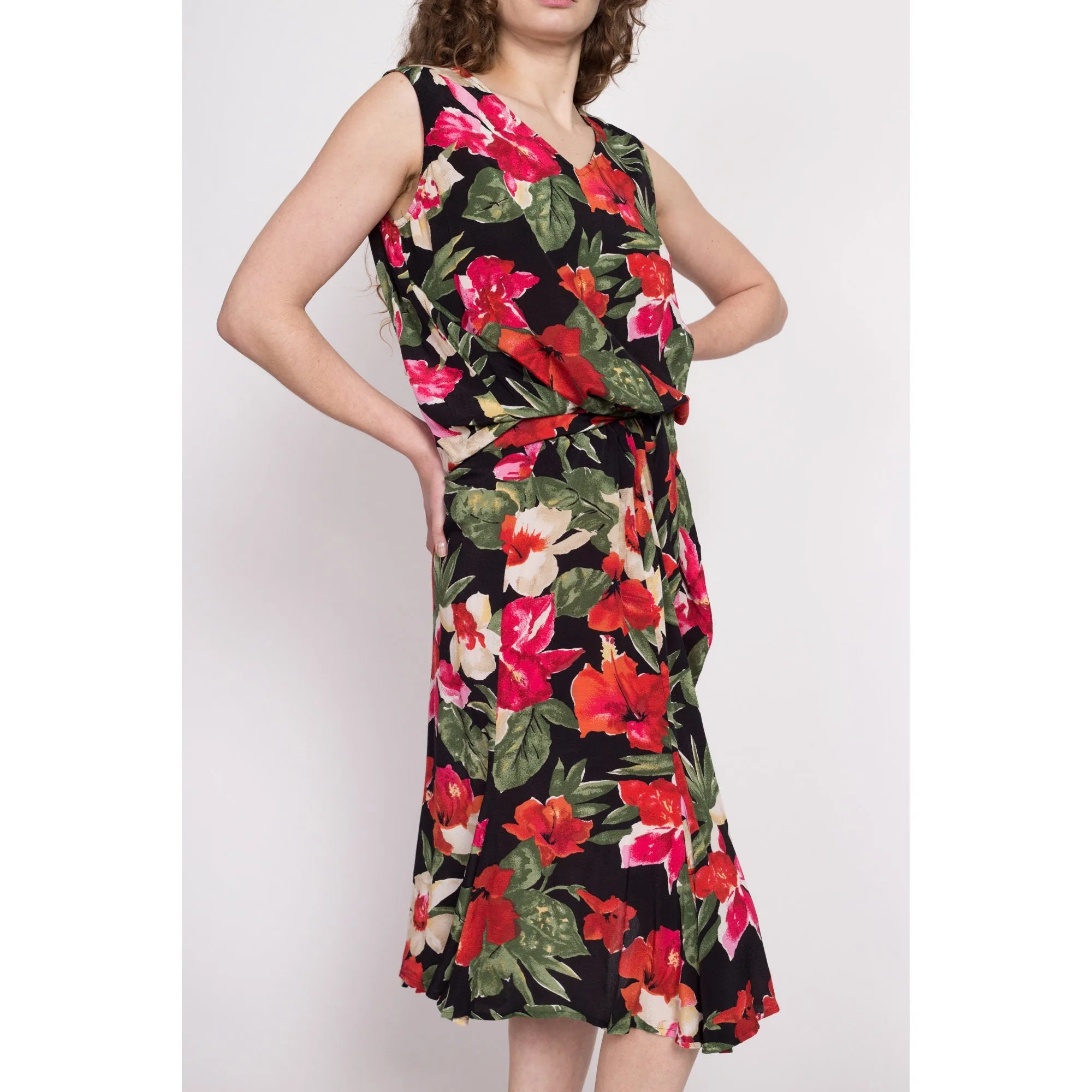 80s Hibiscus Print Blouson Midi Dress - Large