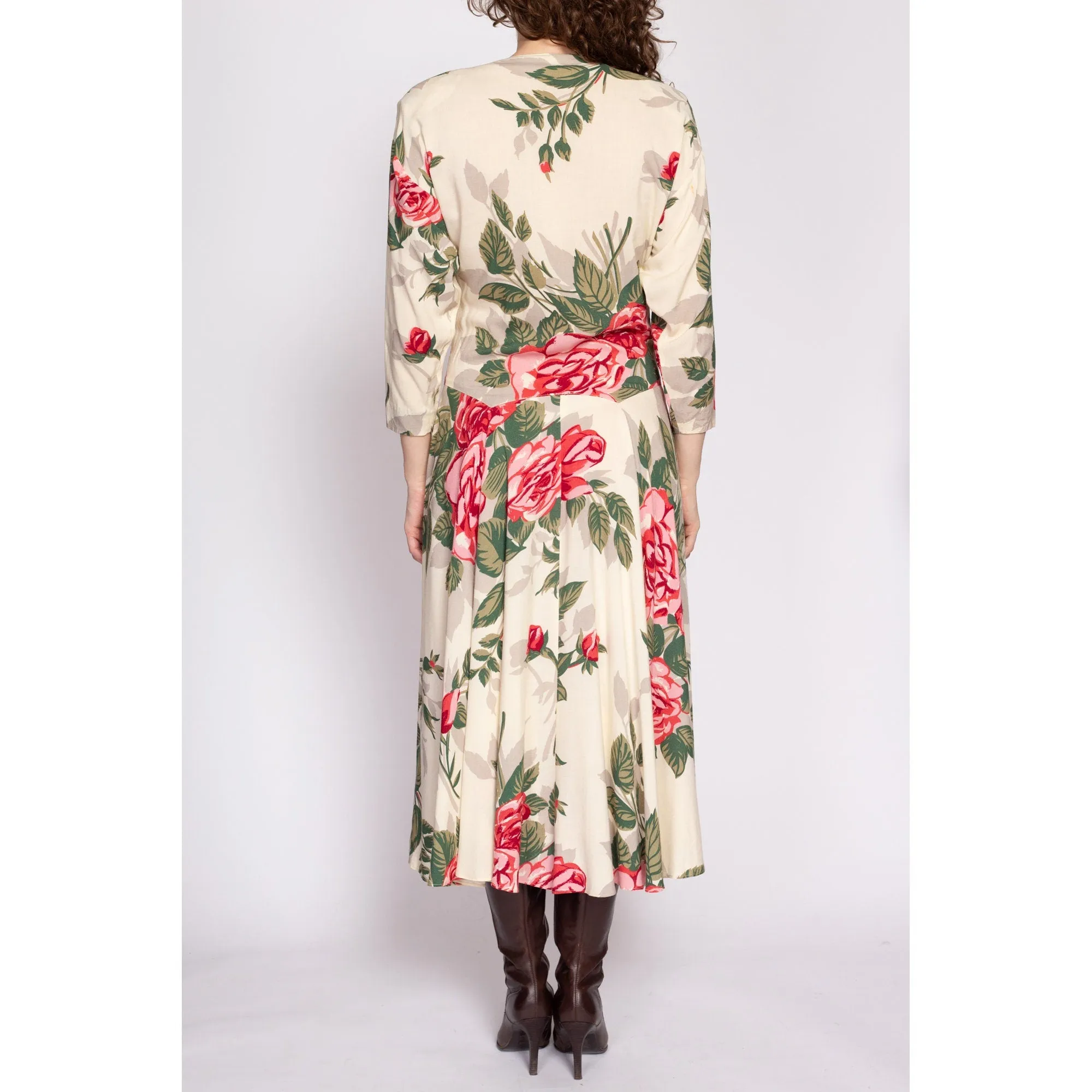 80s Nicole Miller Rose Floral Batwing Sleeve Dress - Medium