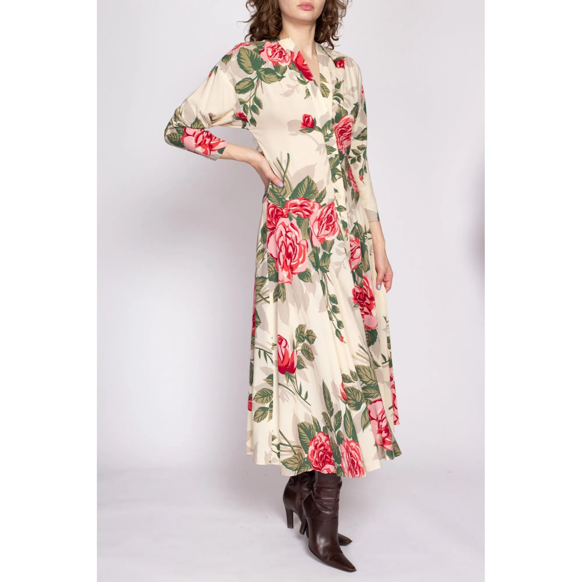 80s Nicole Miller Rose Floral Batwing Sleeve Dress - Medium