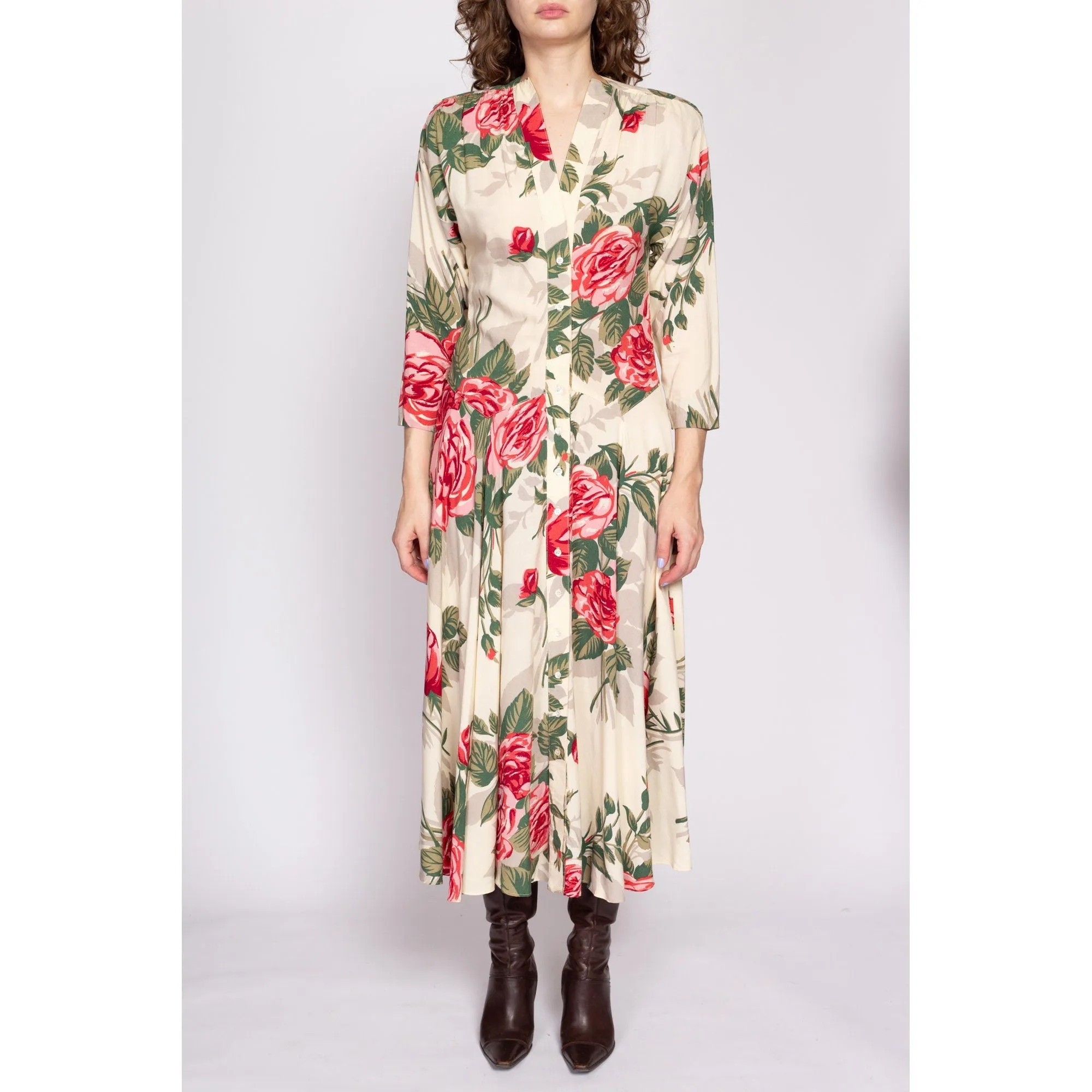 80s Nicole Miller Rose Floral Batwing Sleeve Dress - Medium