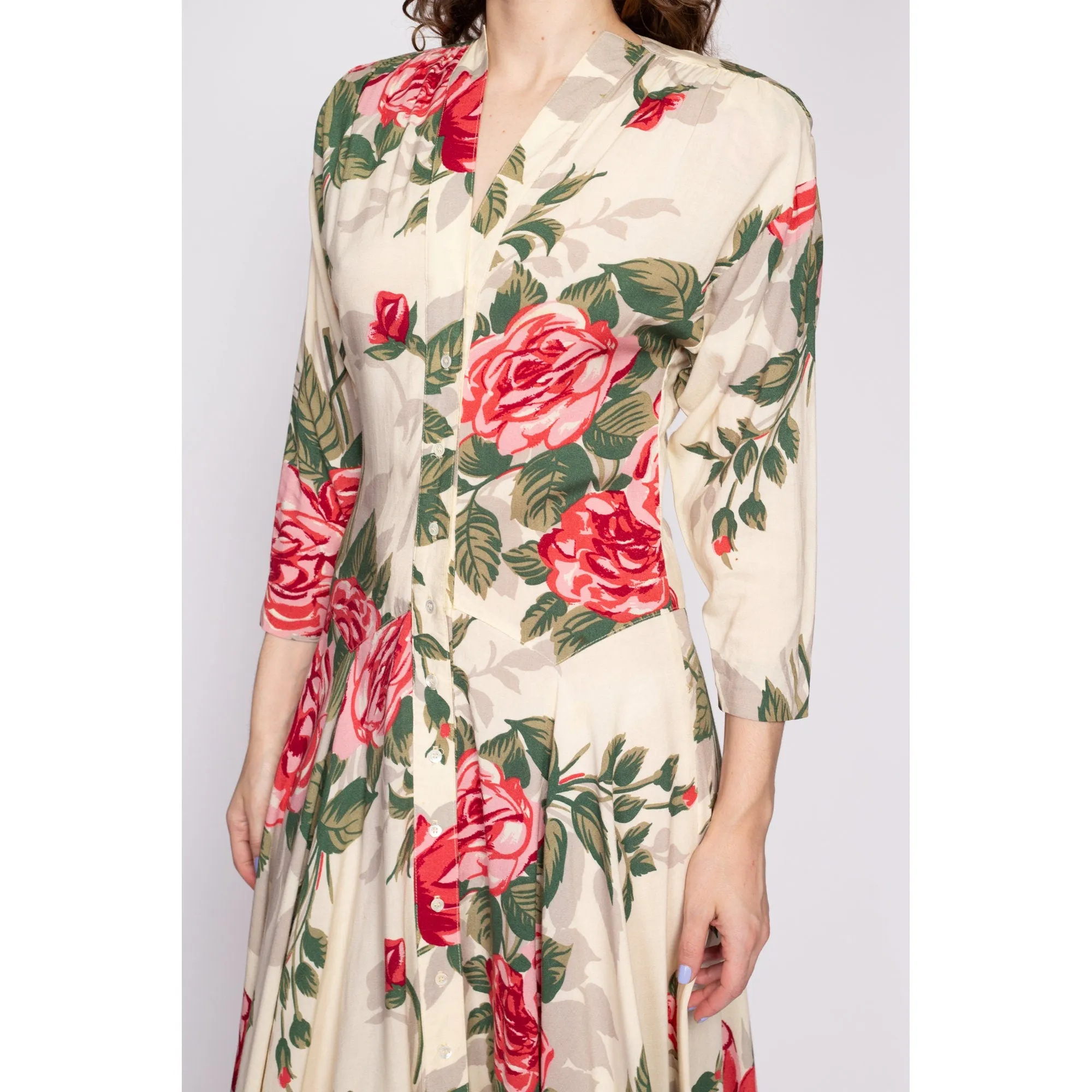 80s Nicole Miller Rose Floral Batwing Sleeve Dress - Medium