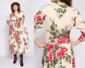80s Nicole Miller Rose Floral Batwing Sleeve Dress - Medium