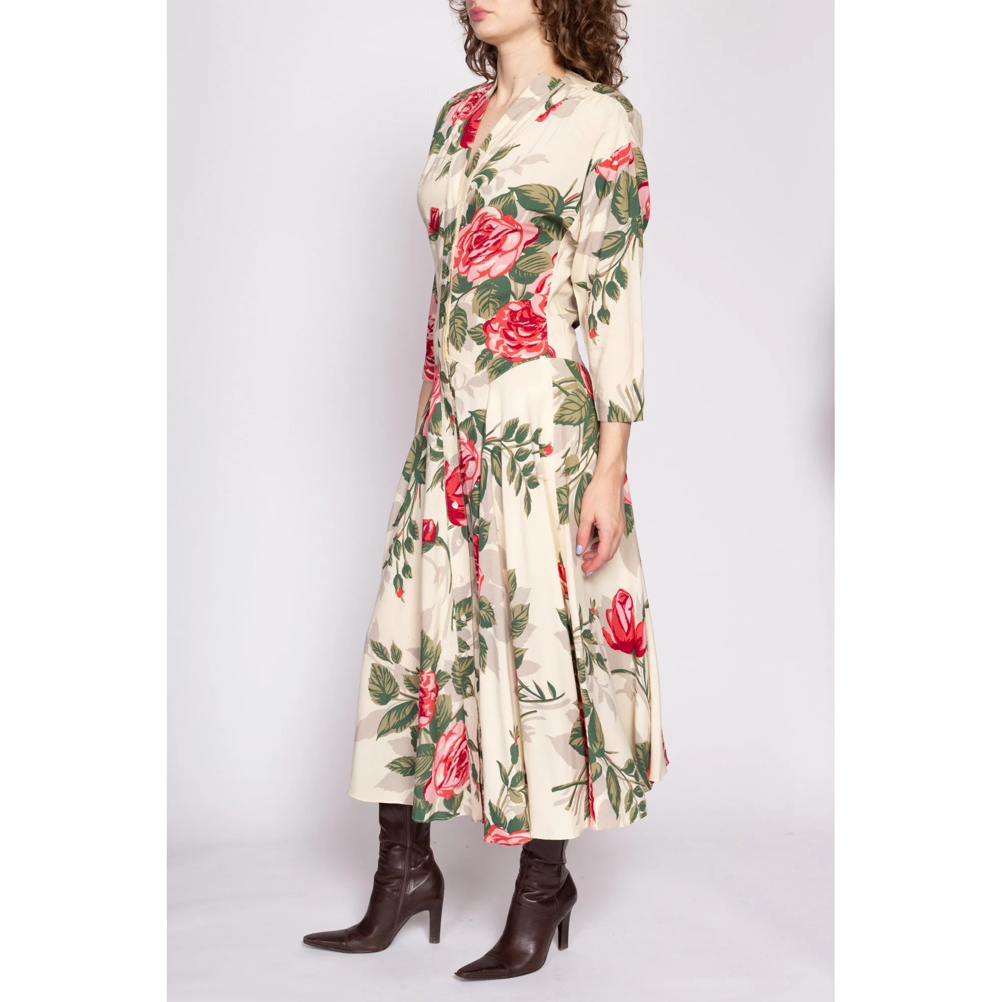 80s Nicole Miller Rose Floral Batwing Sleeve Dress - Medium