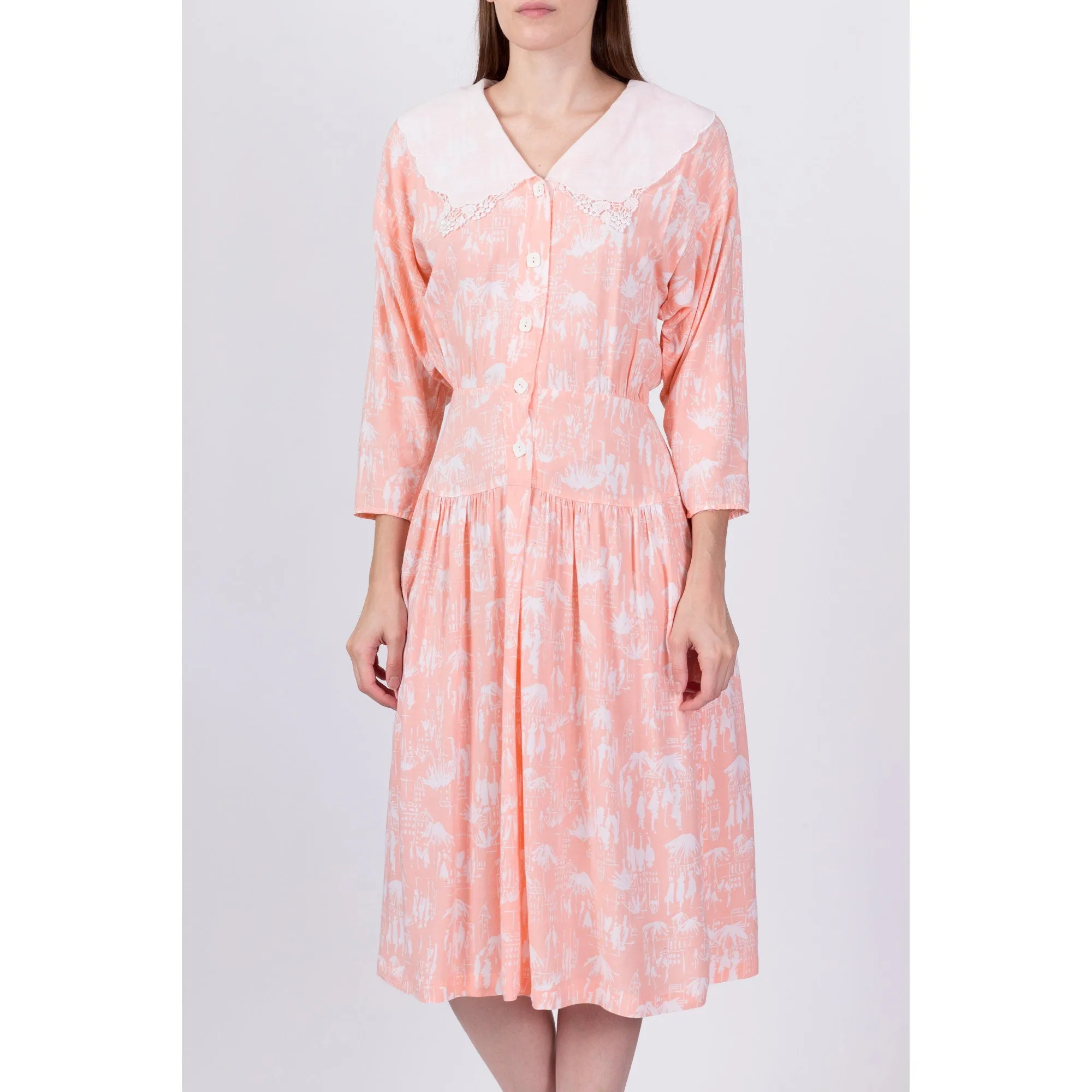 80s Peach Novelty Print Sailor Collar Dress - Small