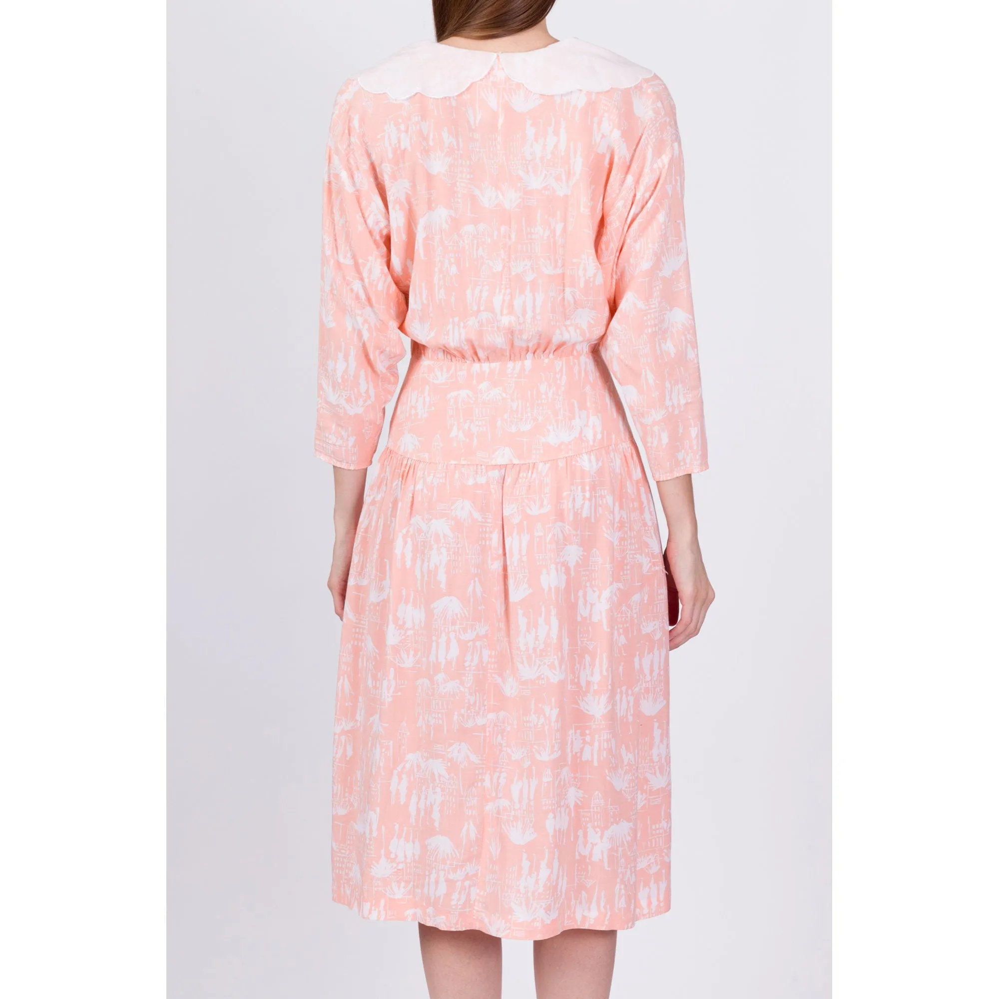80s Peach Novelty Print Sailor Collar Dress - Small