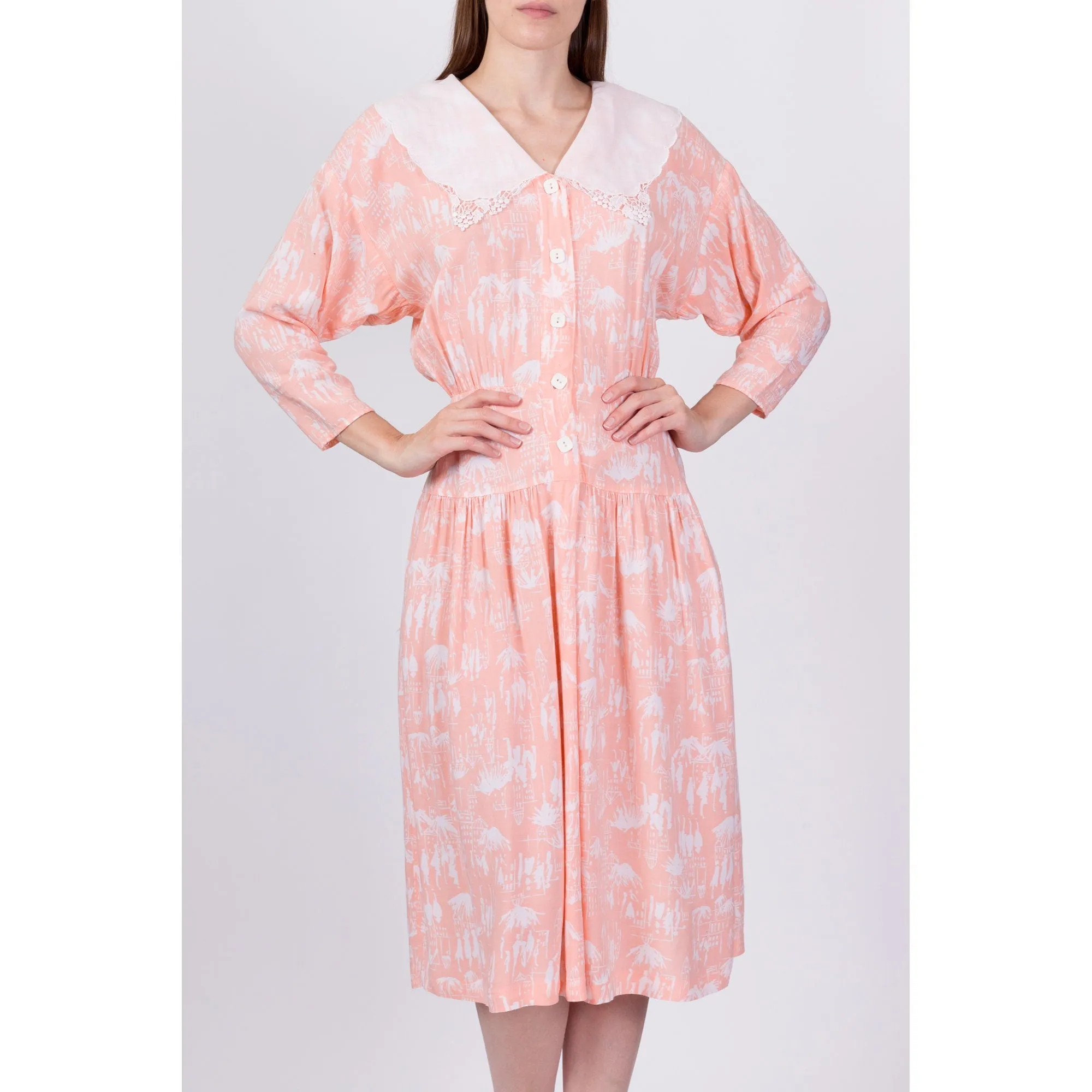 80s Peach Novelty Print Sailor Collar Dress - Small