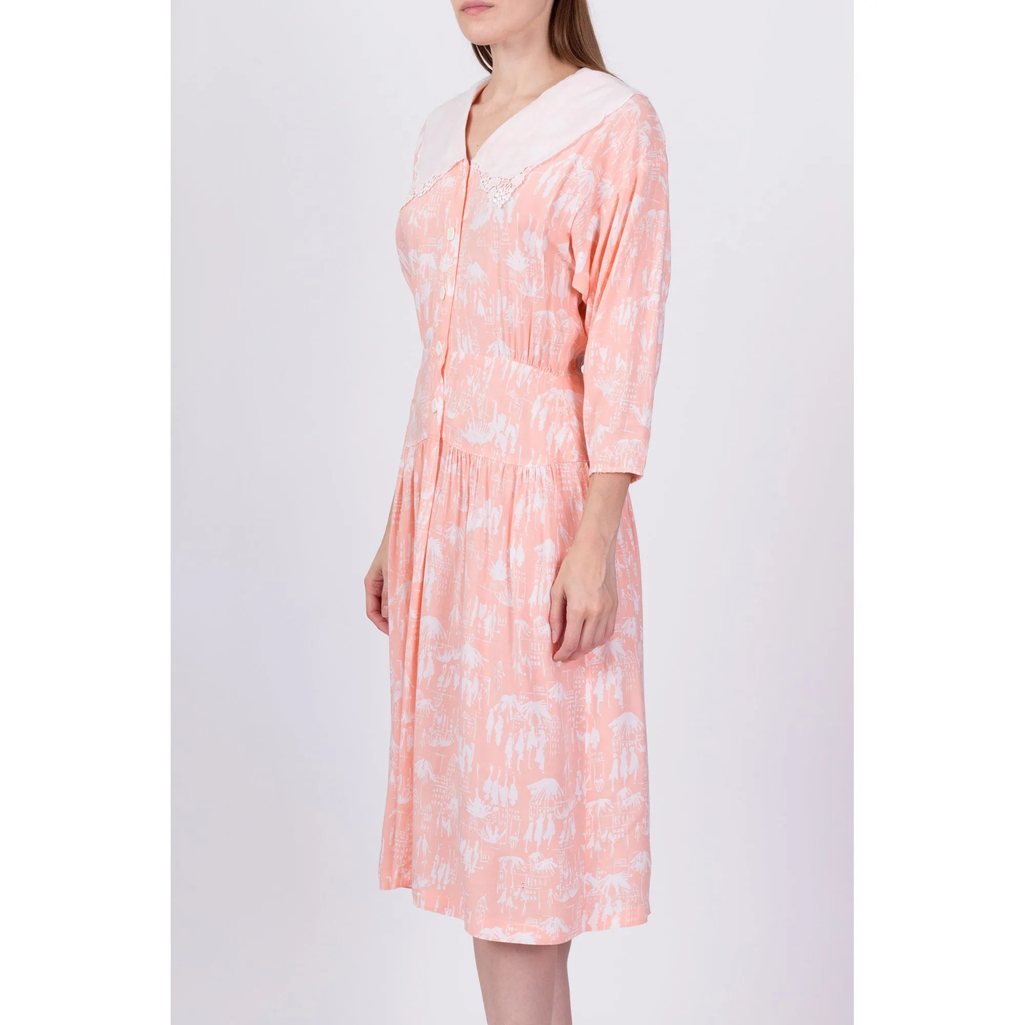 80s Peach Novelty Print Sailor Collar Dress - Small
