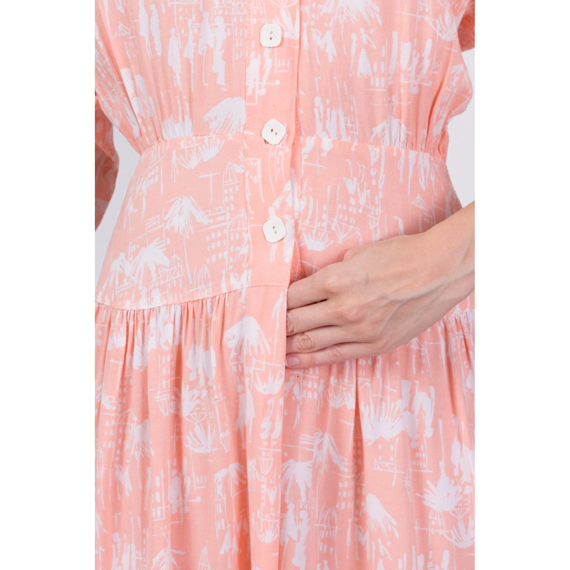 80s Peach Novelty Print Sailor Collar Dress - Small