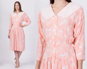 80s Peach Novelty Print Sailor Collar Dress - Small