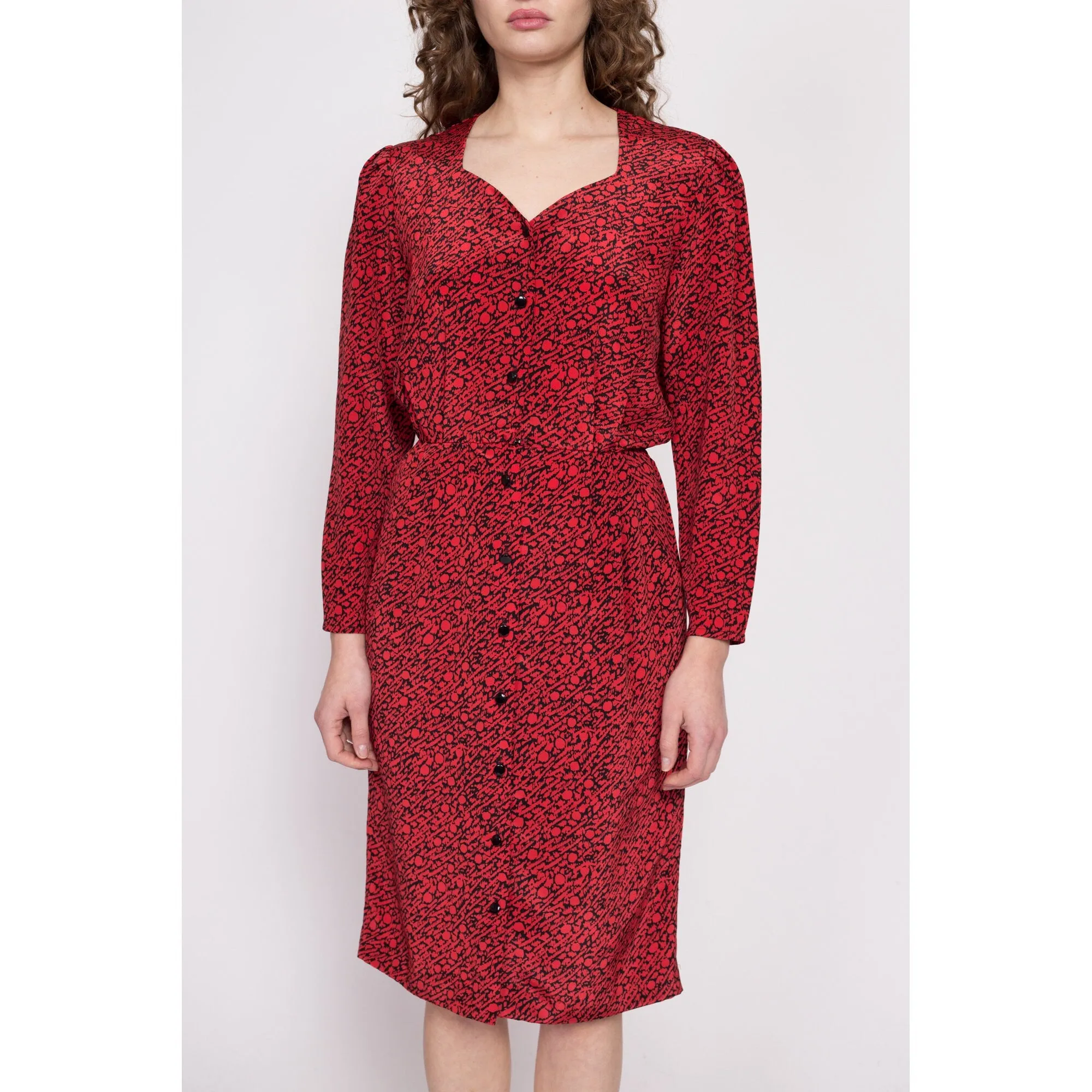 80s Red & Black Sweetheart Neck Midi Dress - Medium