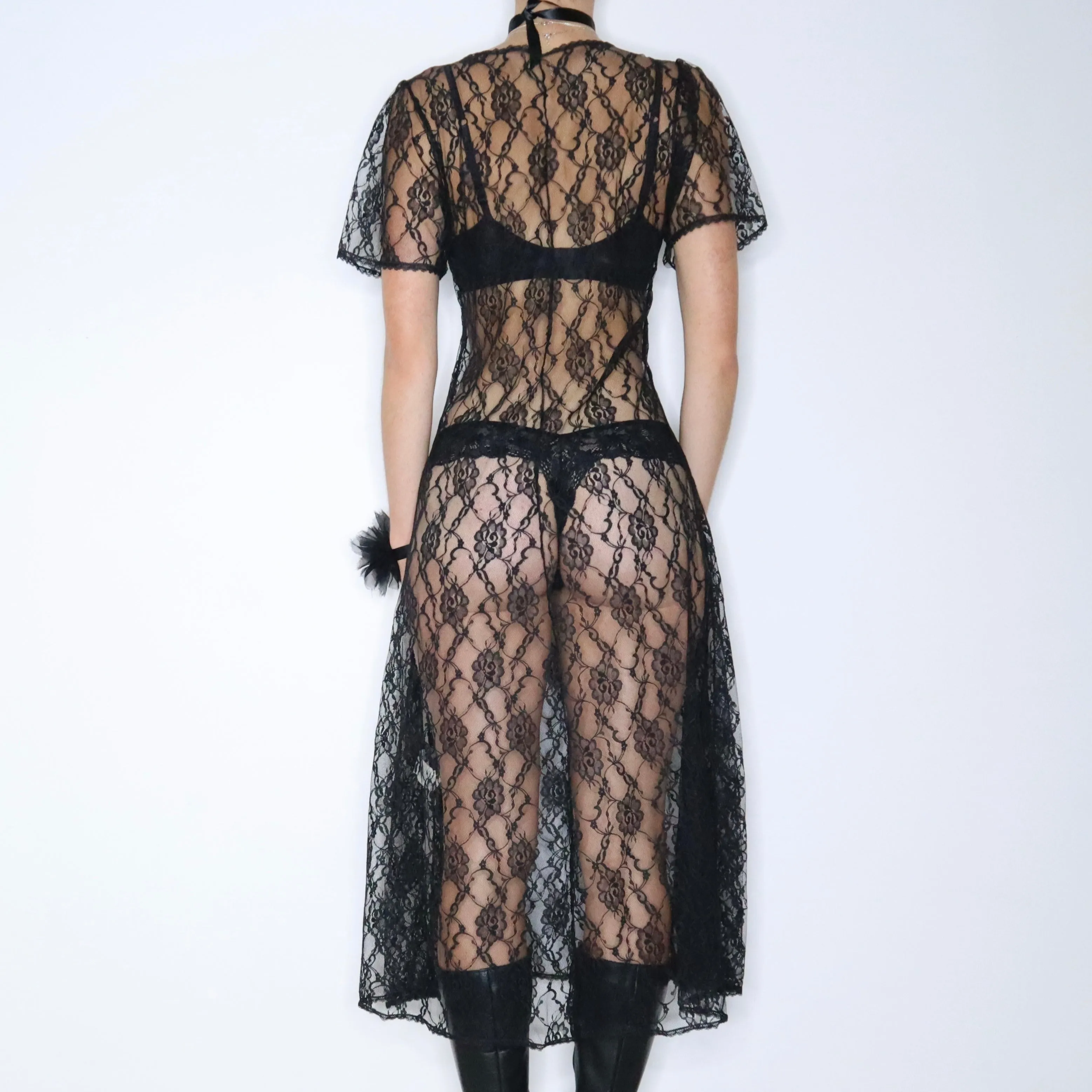 80s Whimsigoth Sheer Black Lace Dress (Large)