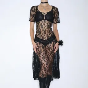 80s Whimsigoth Sheer Black Lace Dress (Large)