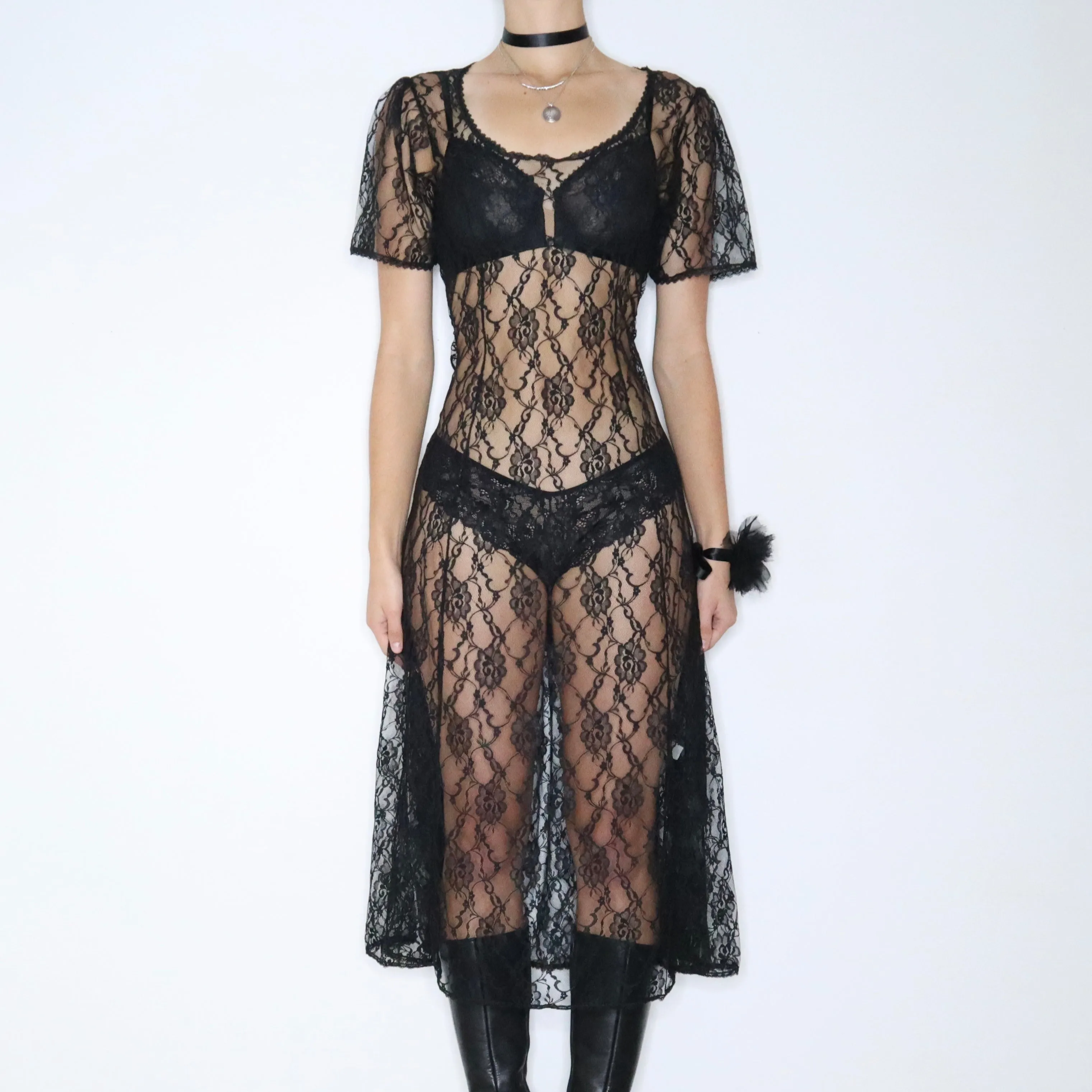 80s Whimsigoth Sheer Black Lace Dress (Large)