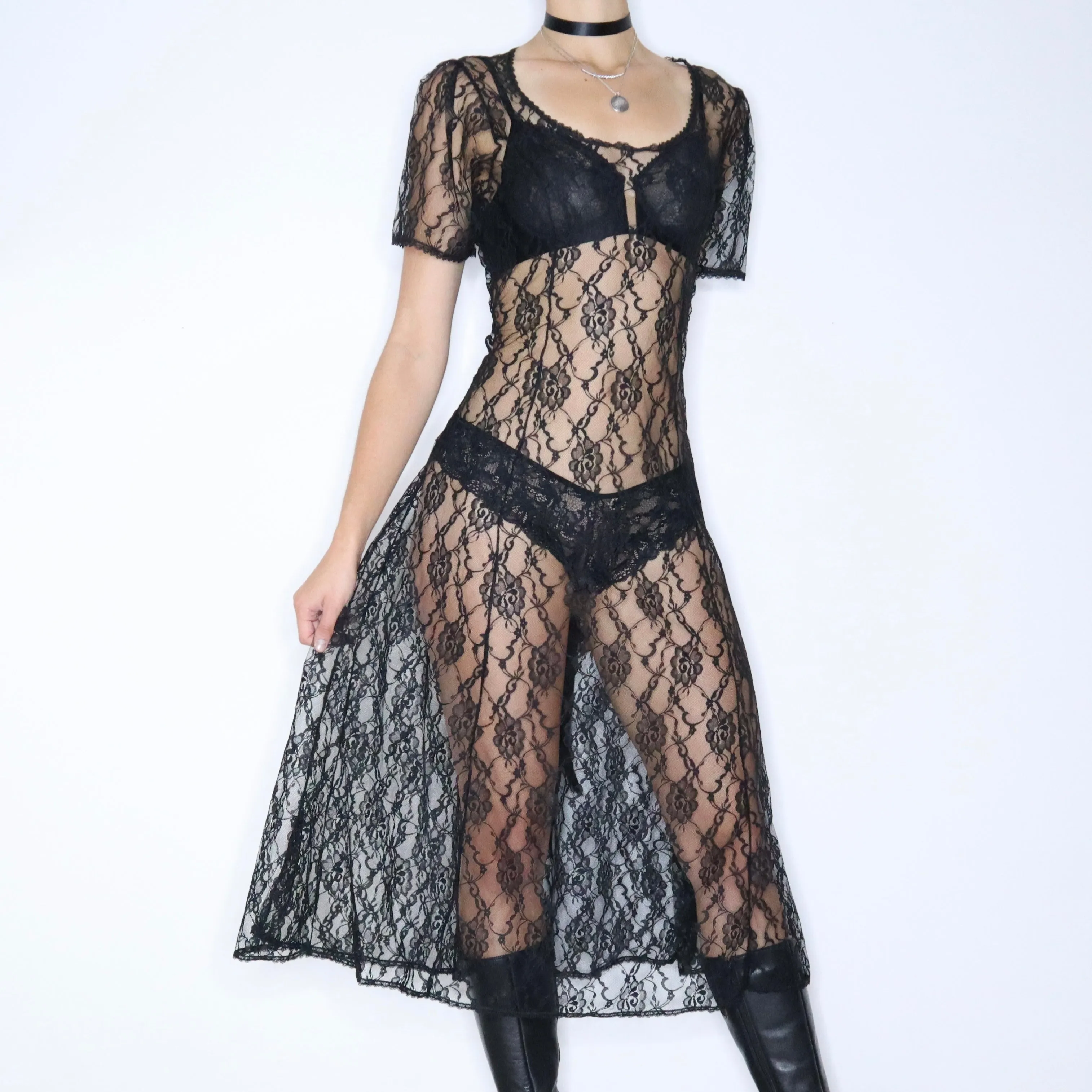80s Whimsigoth Sheer Black Lace Dress (Large)