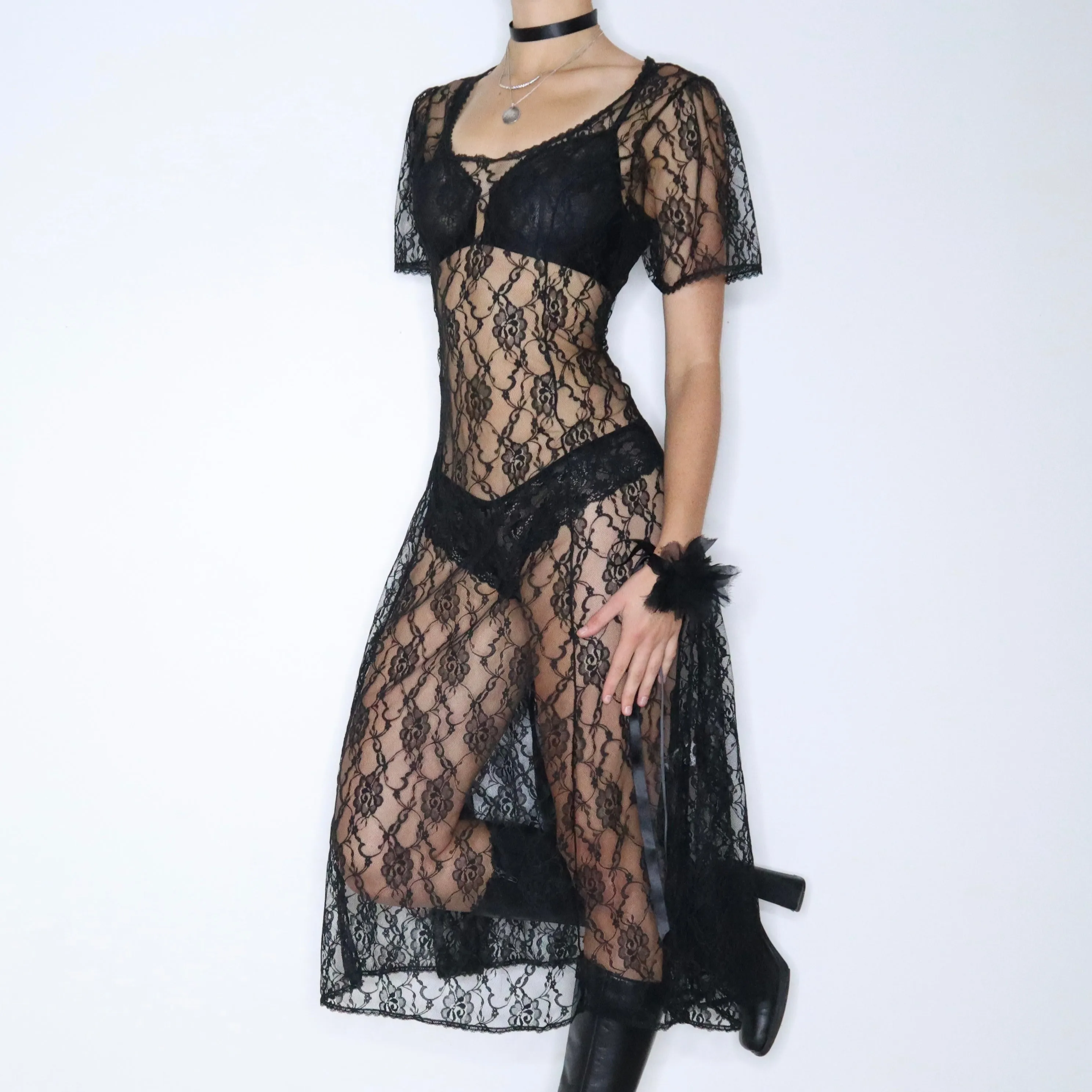 80s Whimsigoth Sheer Black Lace Dress (Large)
