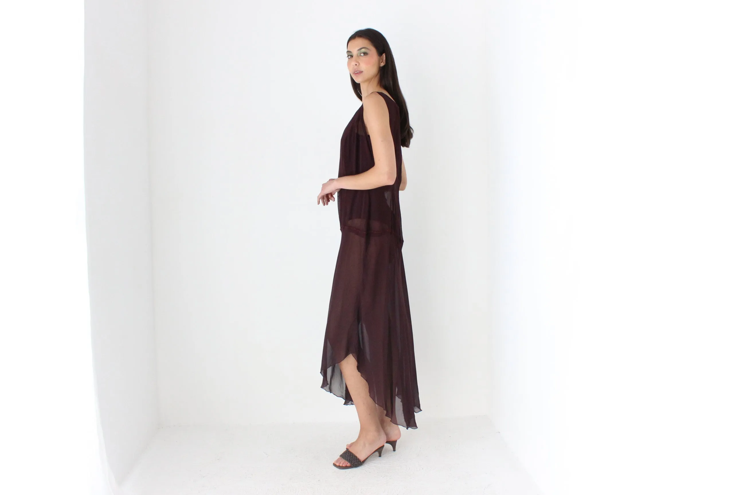 90s Sheer Grunge Eggplant Chiffon Gauze Sheath Dress