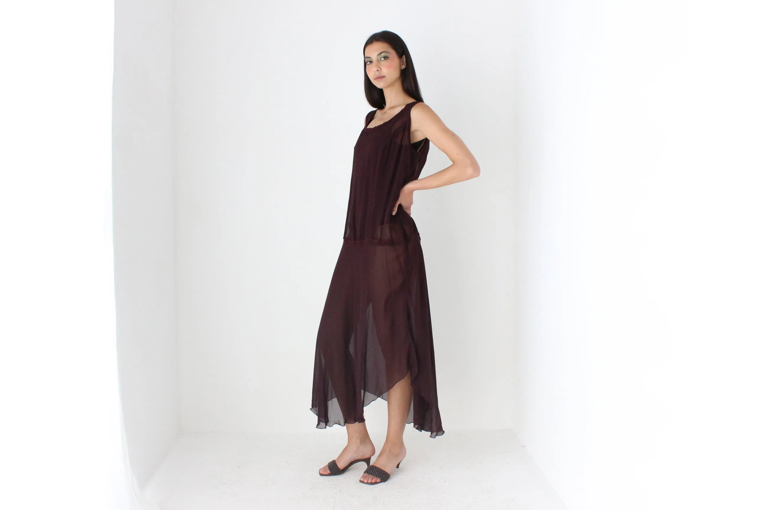 90s Sheer Grunge Eggplant Chiffon Gauze Sheath Dress