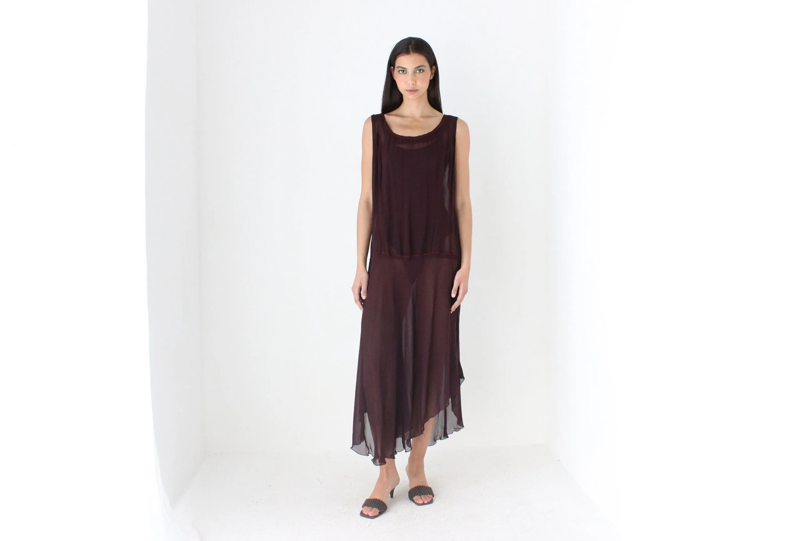 90s Sheer Grunge Eggplant Chiffon Gauze Sheath Dress