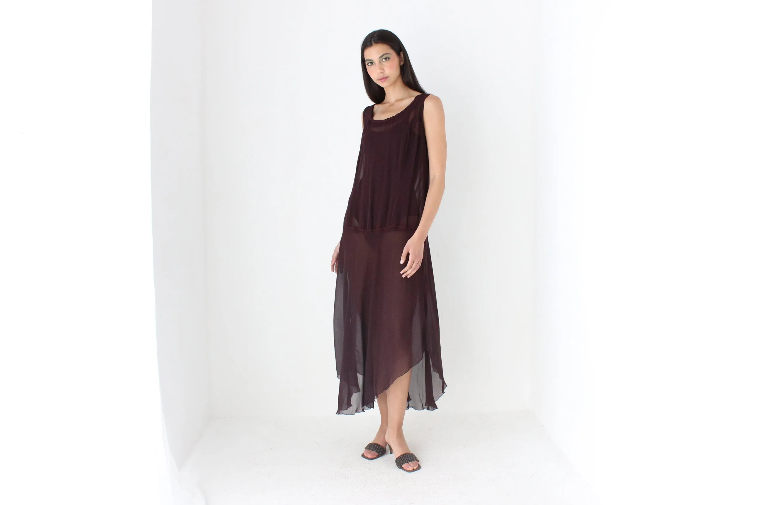 90s Sheer Grunge Eggplant Chiffon Gauze Sheath Dress