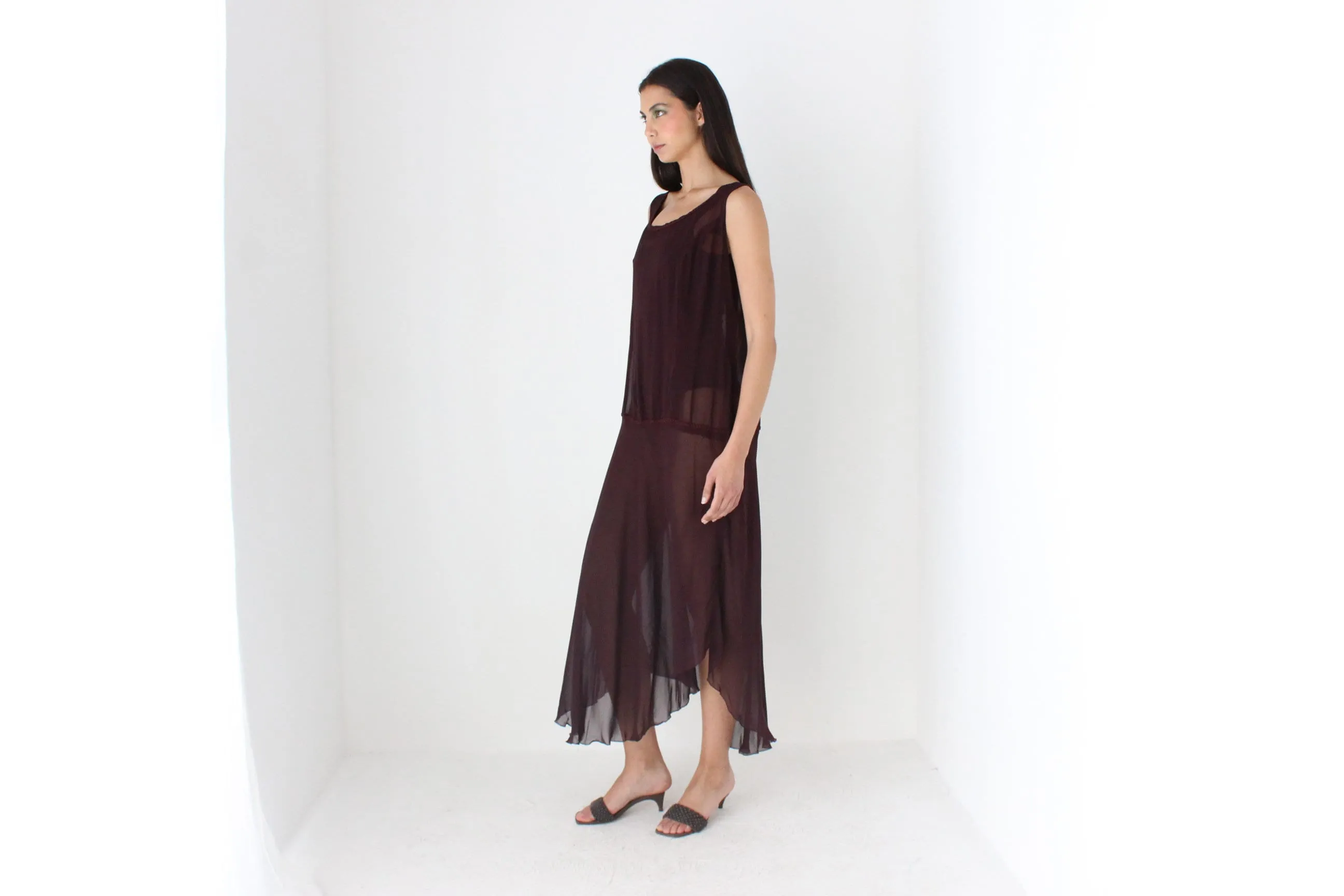 90s Sheer Grunge Eggplant Chiffon Gauze Sheath Dress