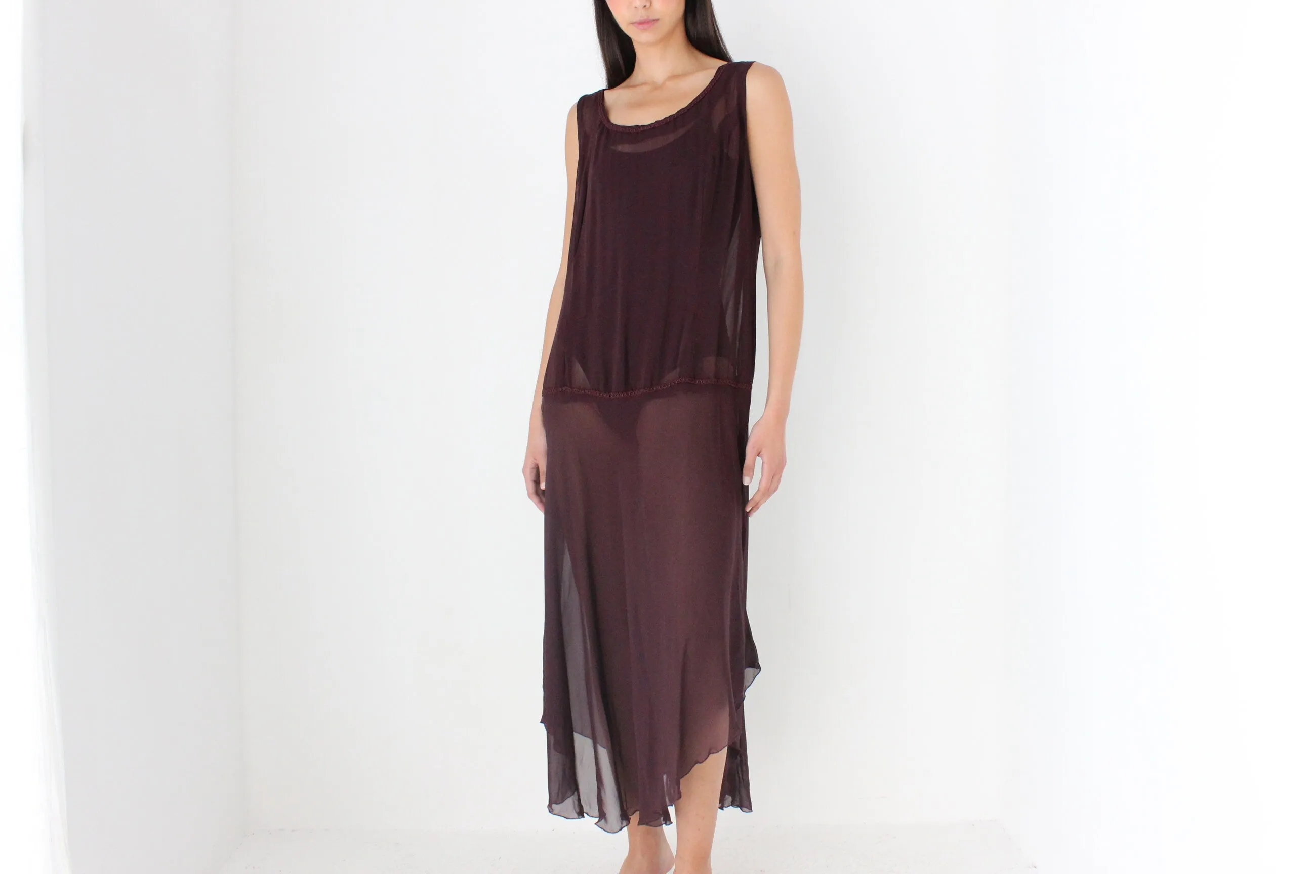 90s Sheer Grunge Eggplant Chiffon Gauze Sheath Dress