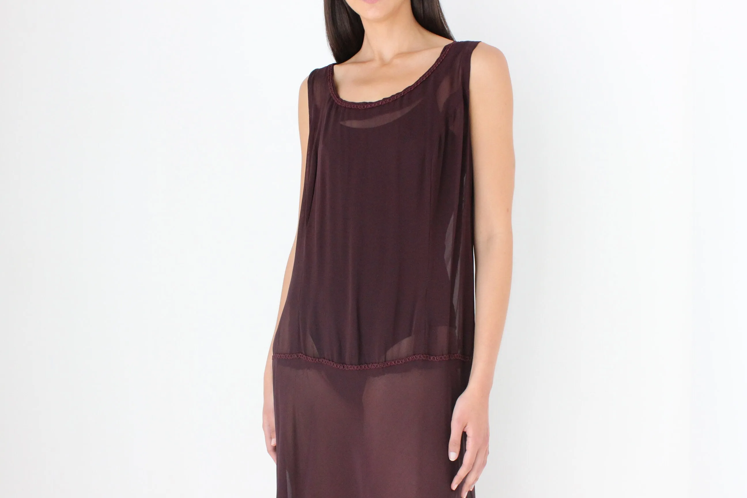 90s Sheer Grunge Eggplant Chiffon Gauze Sheath Dress
