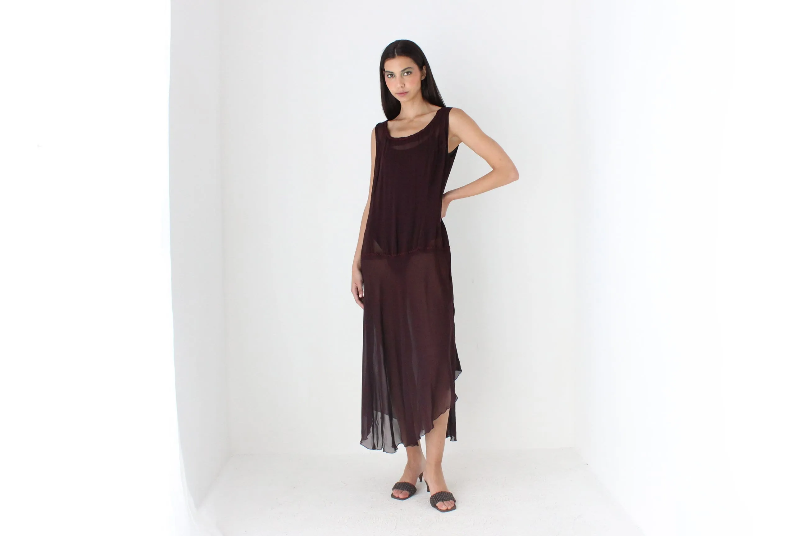 90s Sheer Grunge Eggplant Chiffon Gauze Sheath Dress