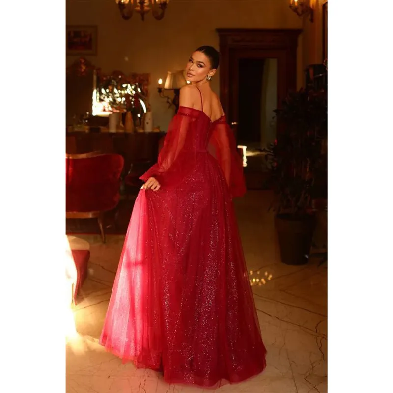 A Line Illusion V Neck Long Sleeves Sparkly Prom Formal Dress with Slit