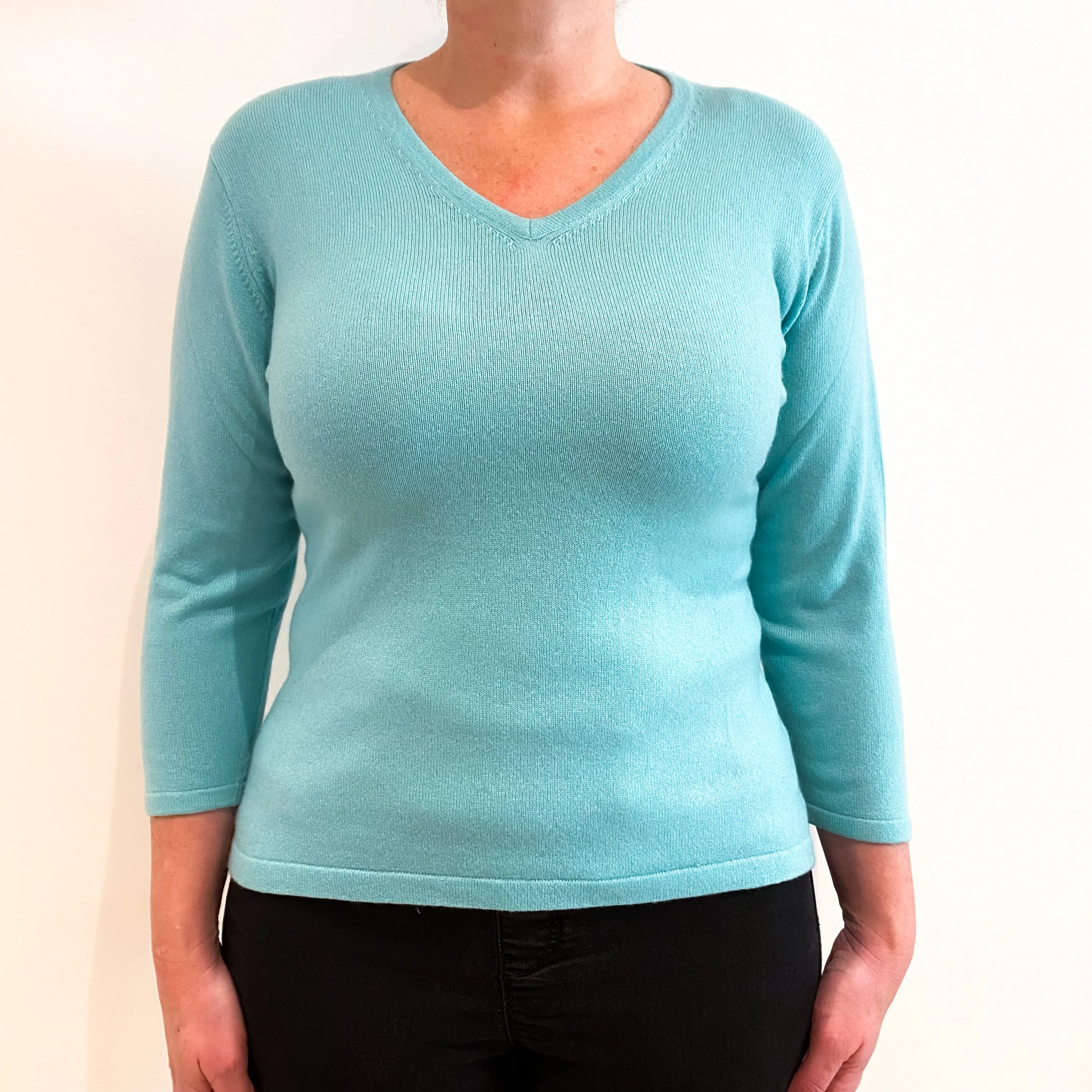 Aqua Blue 3/4 Sleeve Cashmere V-Neck Jumper Large