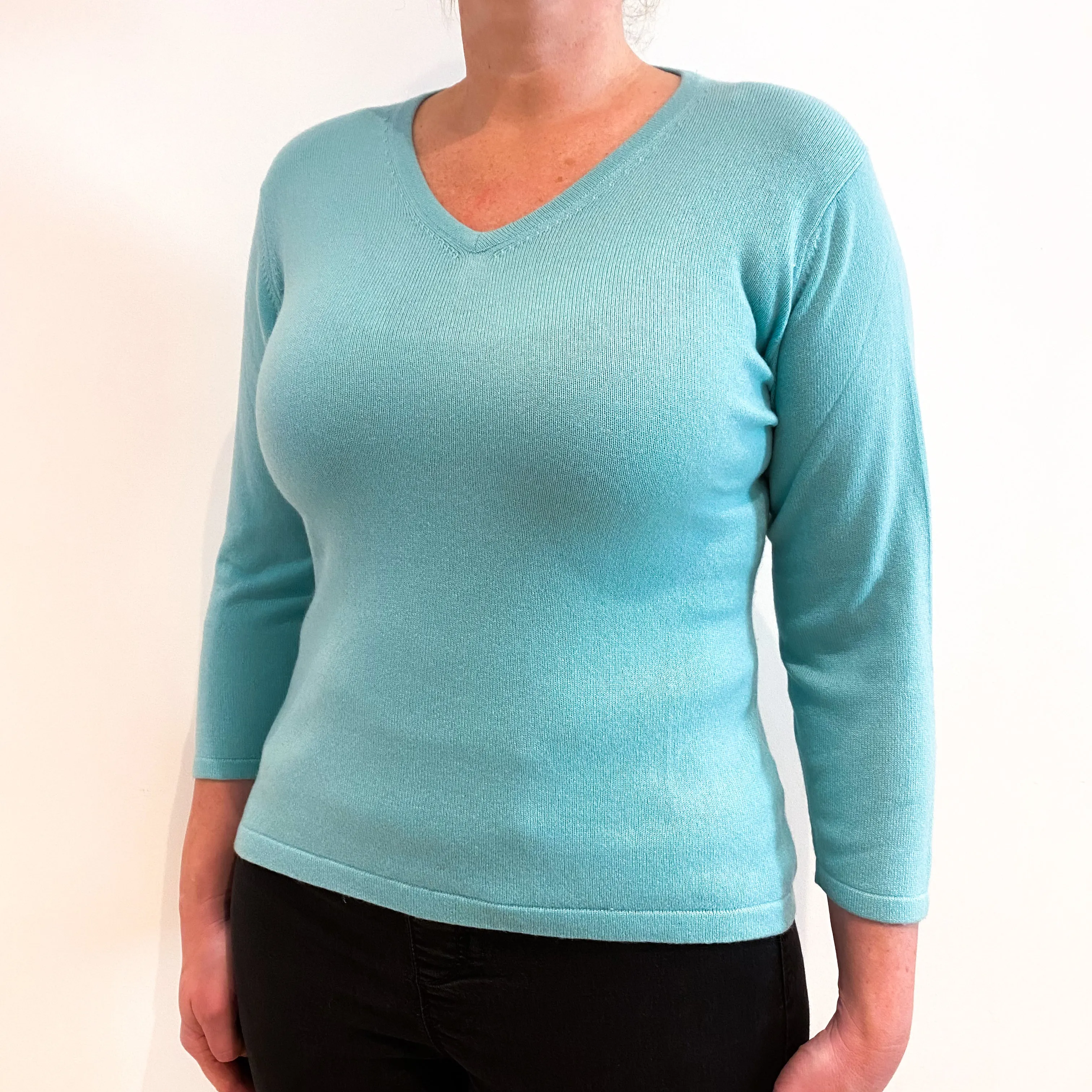 Aqua Blue 3/4 Sleeve Cashmere V-Neck Jumper Large