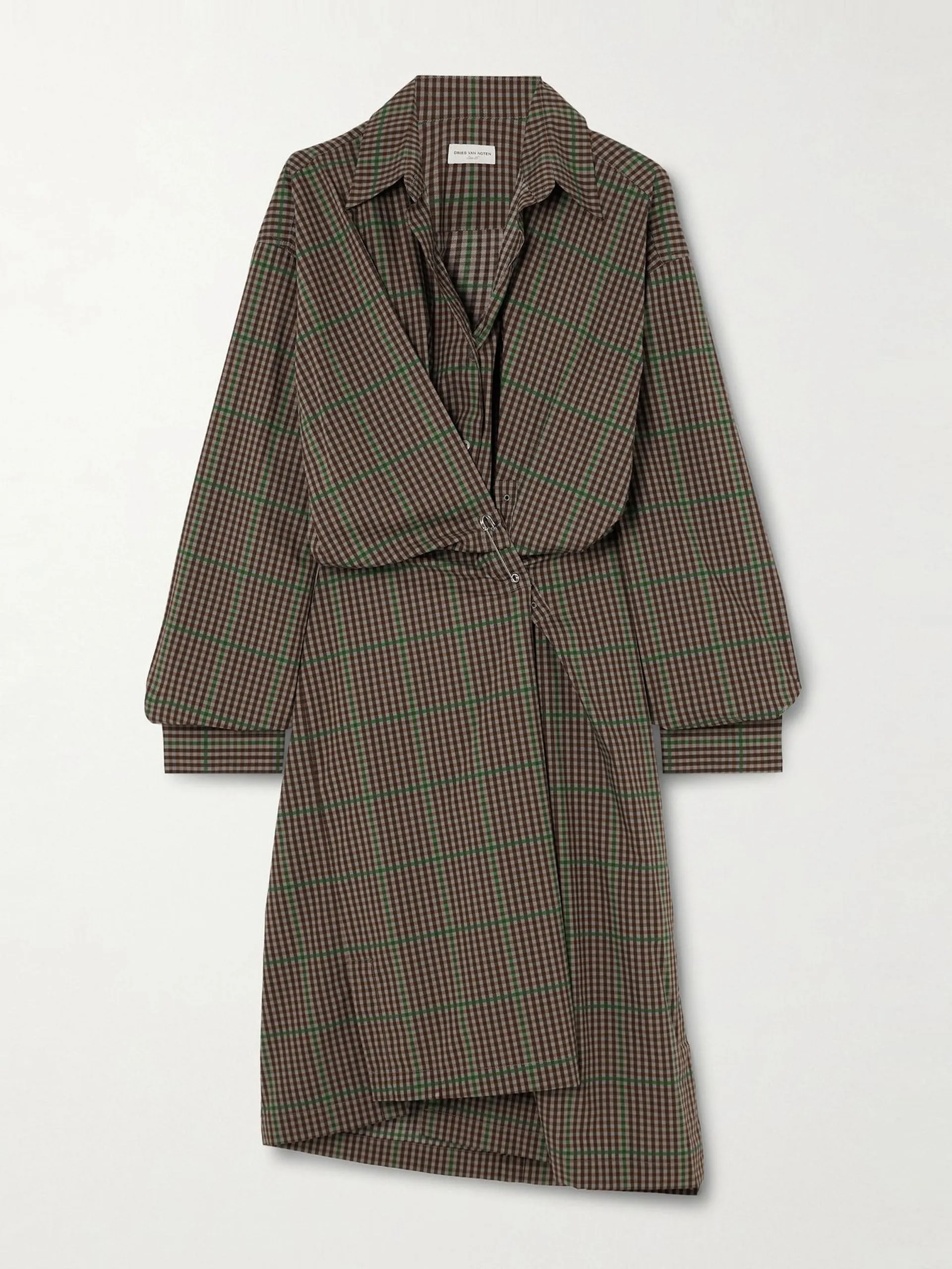 Asymmetric gathered checked cotton shirt dress