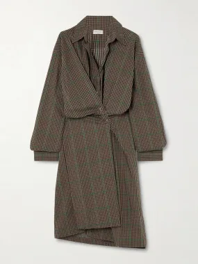 Asymmetric gathered checked cotton shirt dress