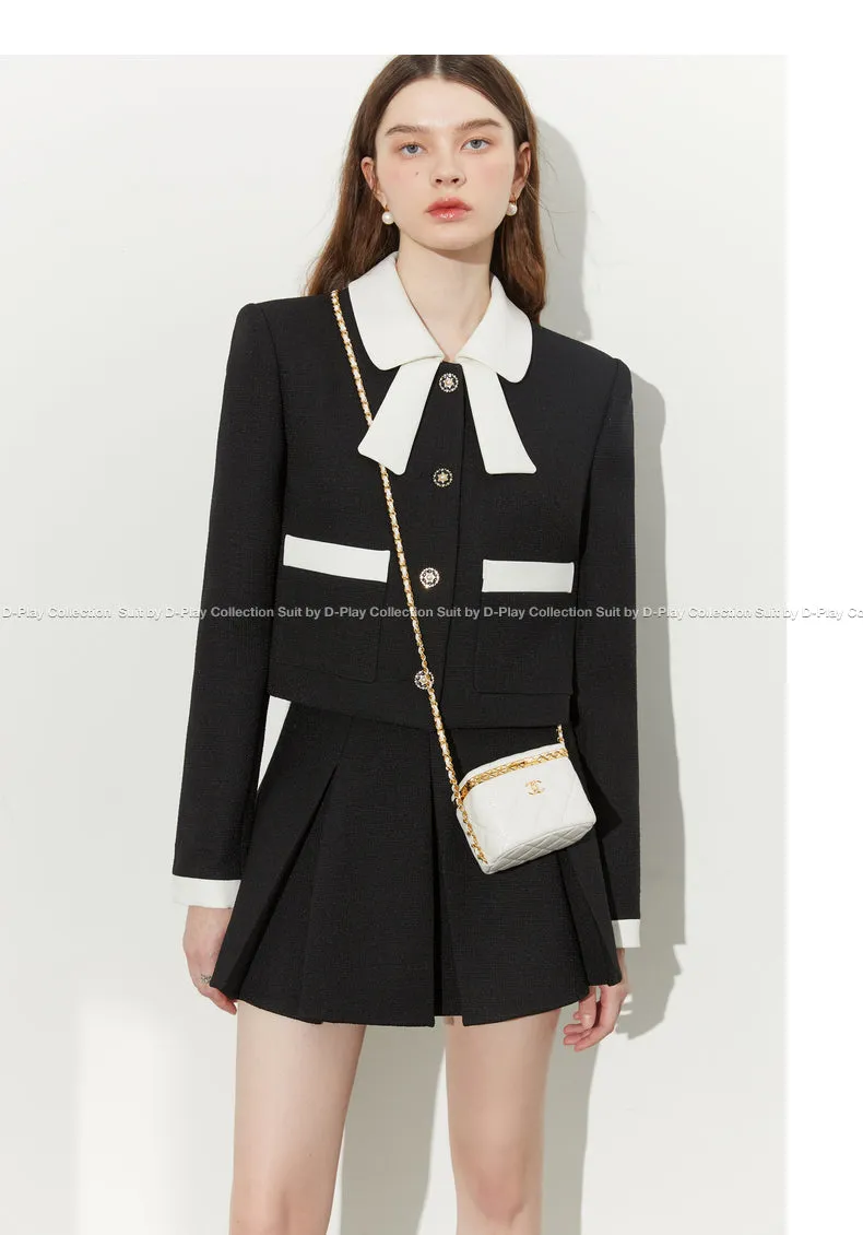 Autumn Classic Black Contrast Light Luxury Shaped Bow Cropped Blazer - Lio