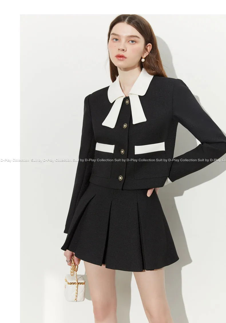 Autumn Classic Black Contrast Light Luxury Shaped Bow Cropped Blazer - Lio