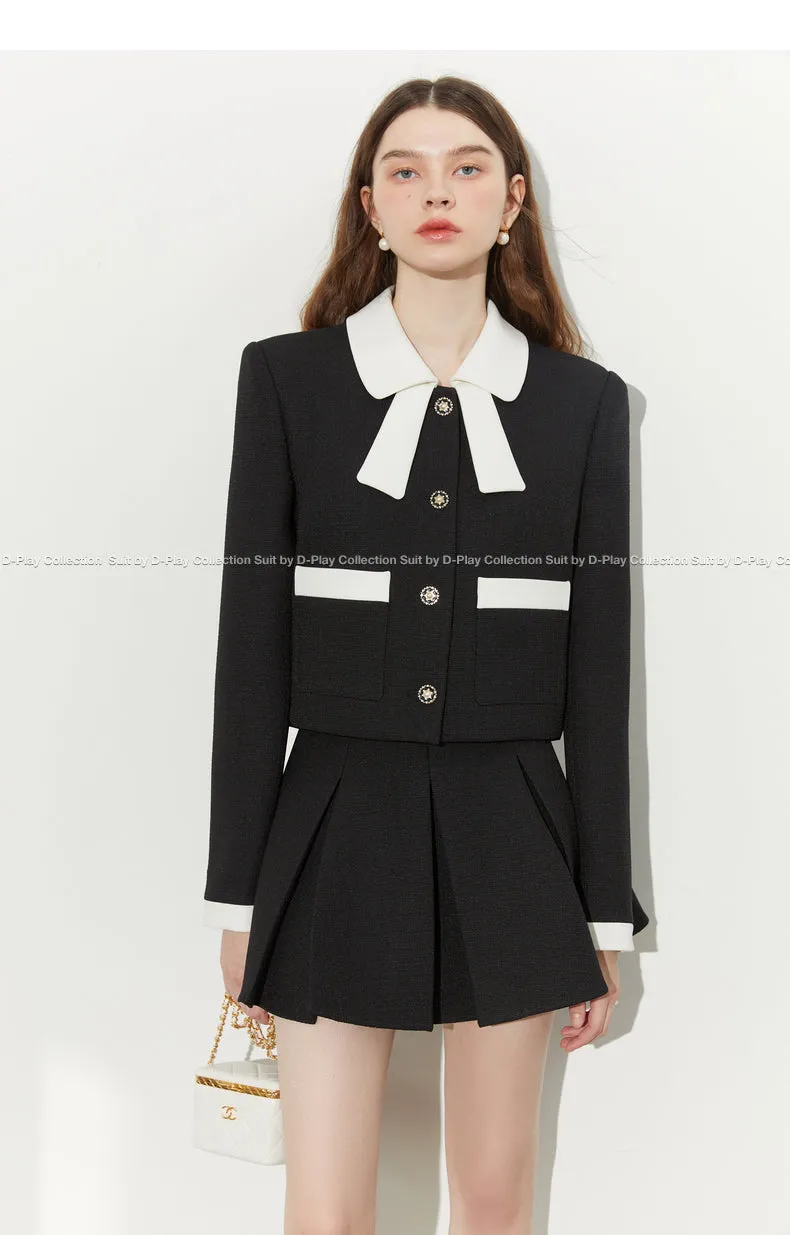 Autumn Classic Black Contrast Light Luxury Shaped Bow Cropped Blazer - Lio