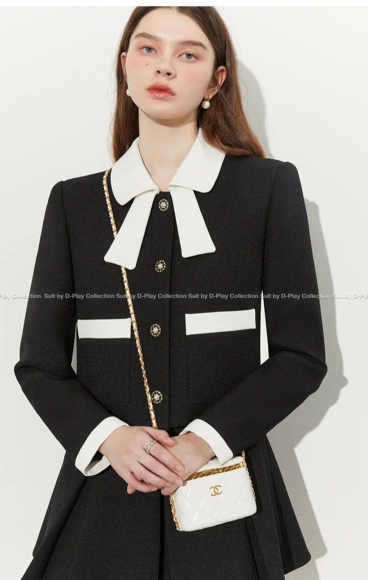 Autumn Classic Black Contrast Light Luxury Shaped Bow Cropped Blazer - Lio