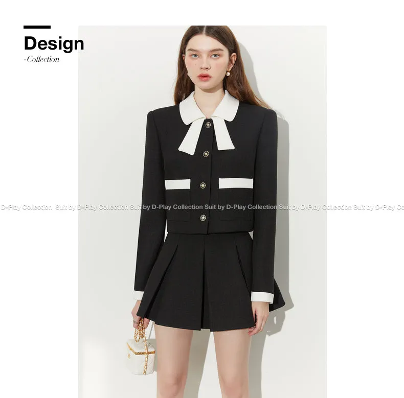 Autumn Classic Black Contrast Light Luxury Shaped Bow Cropped Blazer - Lio