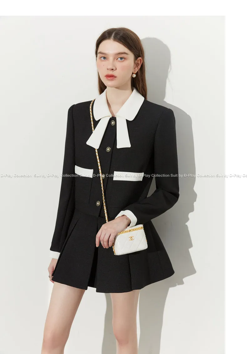Autumn Classic Black Contrast Light Luxury Shaped Bow Cropped Blazer - Lio