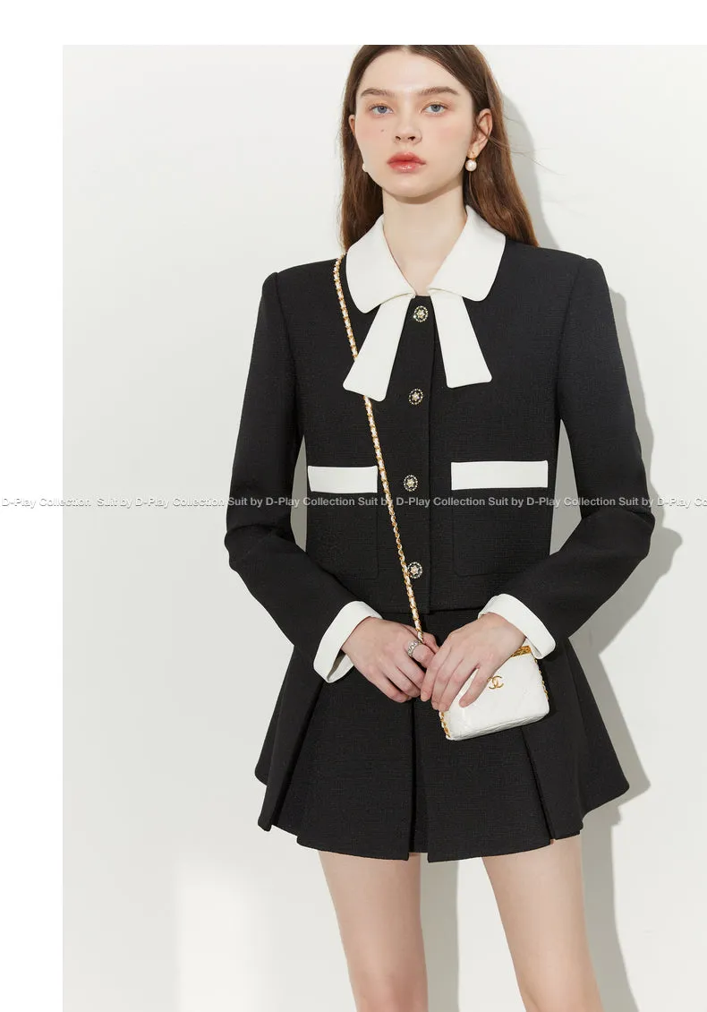 Autumn Classic Black Contrast Light Luxury Shaped Bow Cropped Blazer - Lio