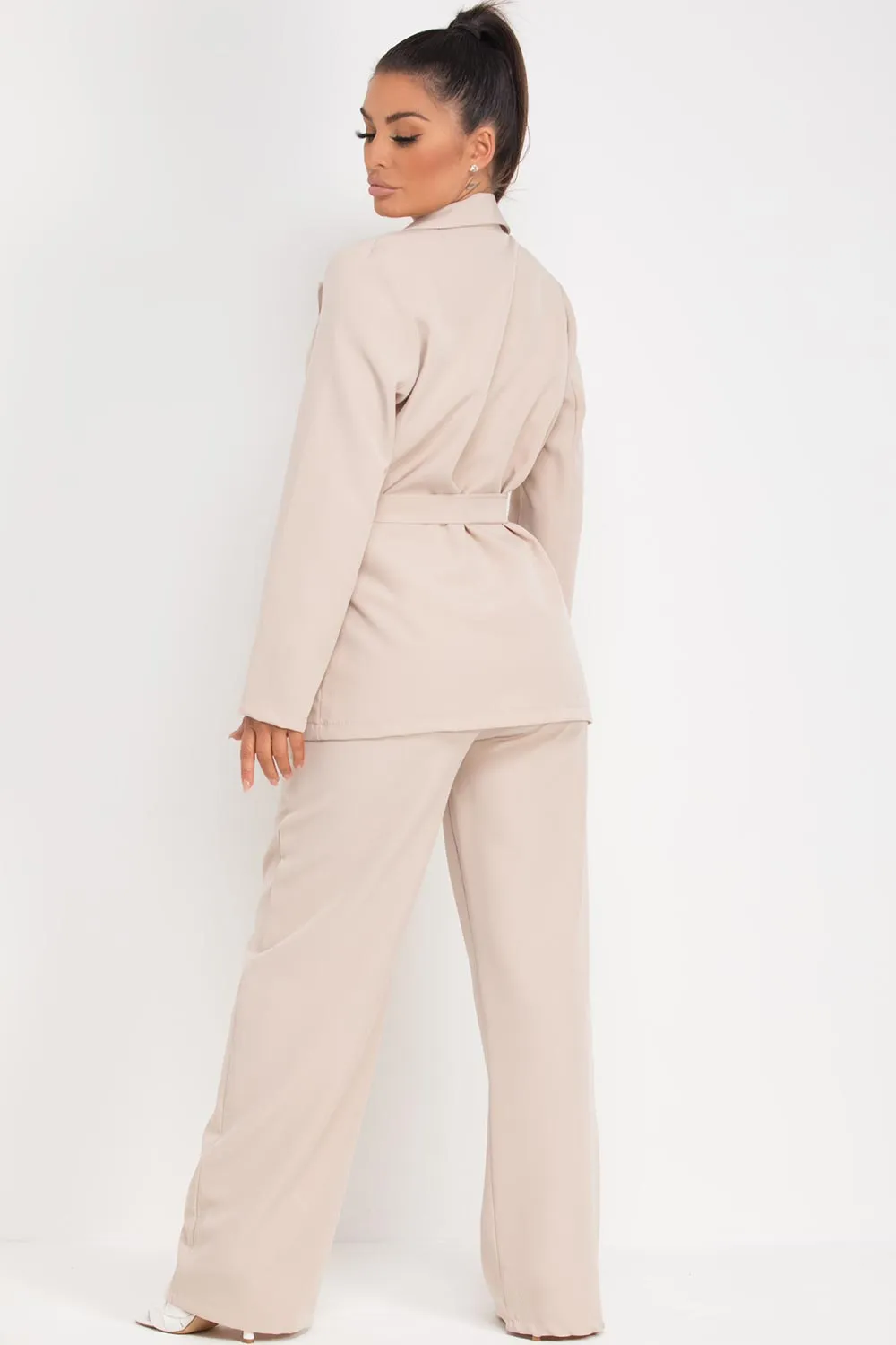 Belted Blazer And Wide Leg Trousers Set Stone