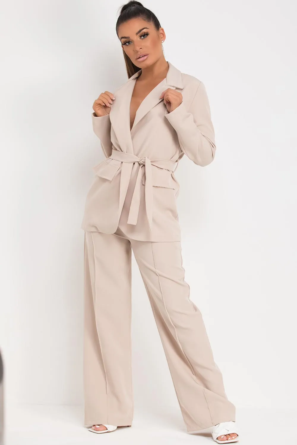 Belted Blazer And Wide Leg Trousers Set Stone