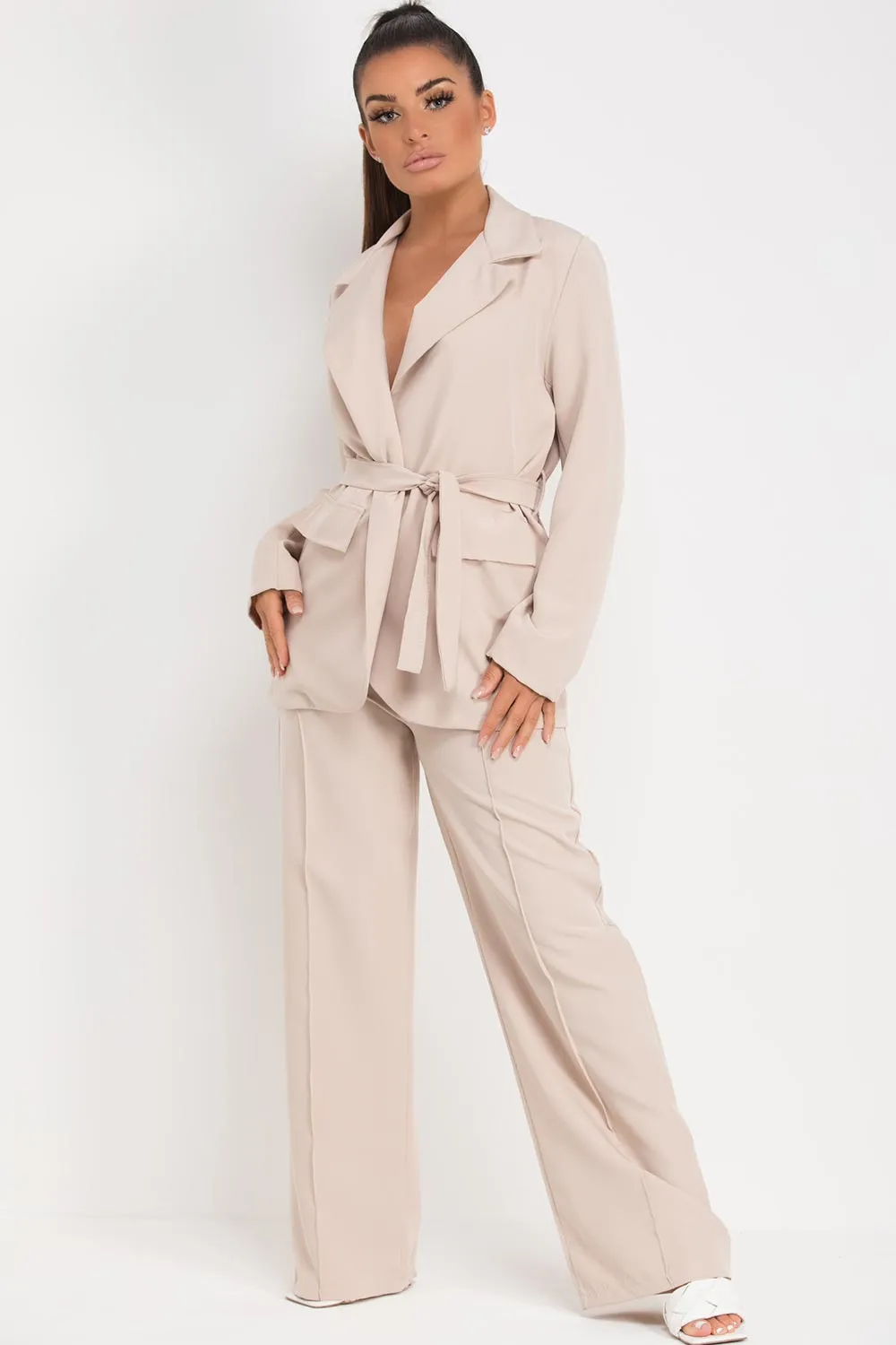 Belted Blazer And Wide Leg Trousers Set Stone