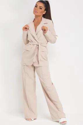 Belted Blazer And Wide Leg Trousers Set Stone