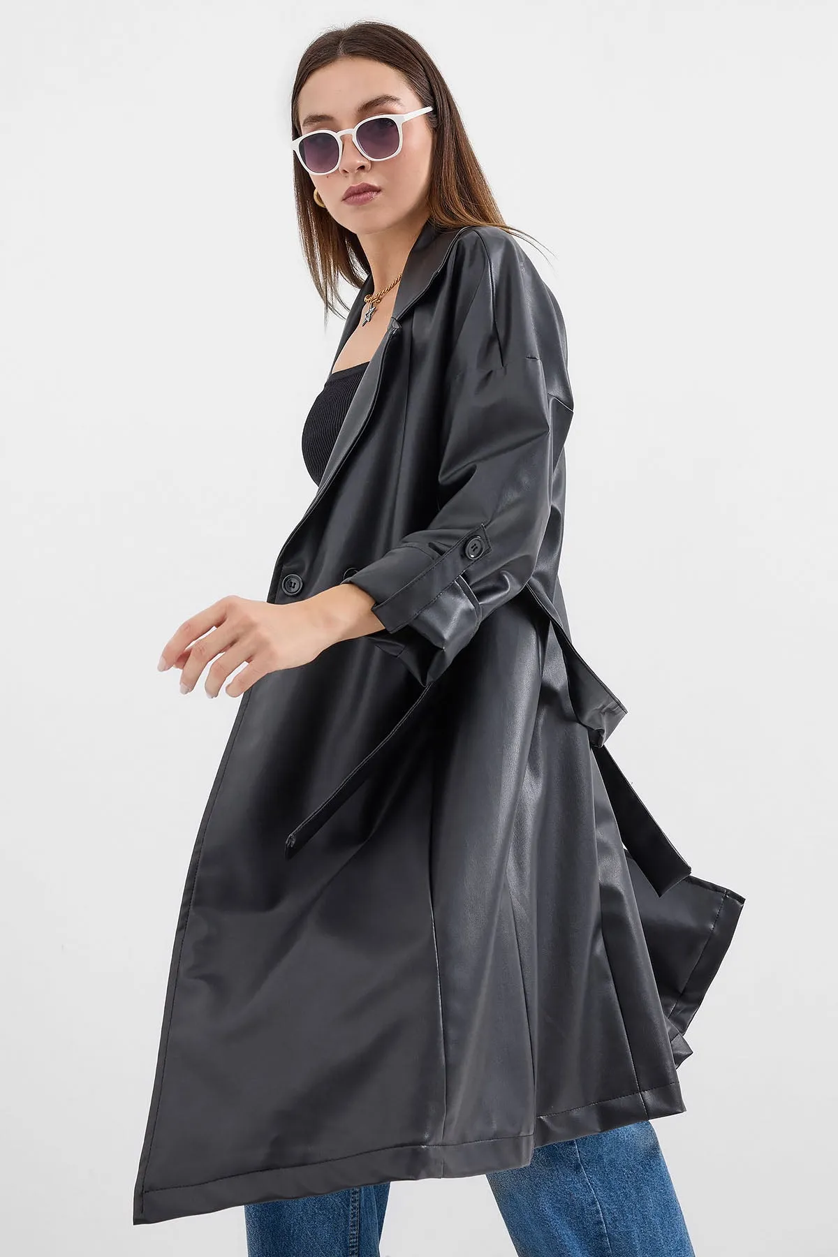 BGD Women Belted Faux Leather Trench Coat - Black - Avondale